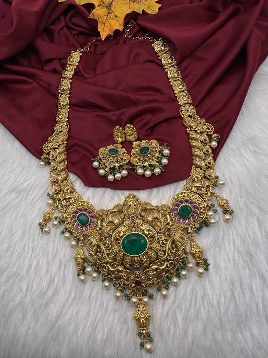 Nakshi Peacock Broad Long Necklace With Green Stones and Kempu - NK000123