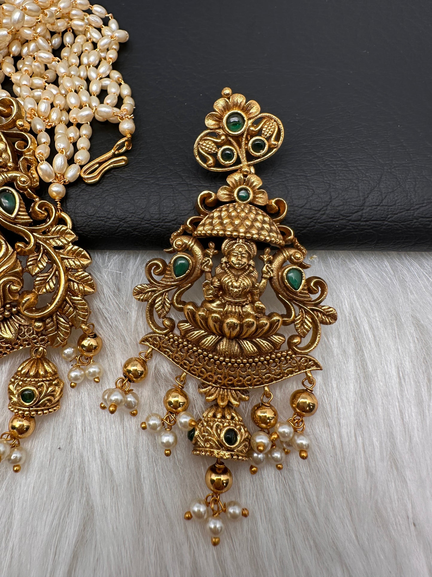 Goddess Lakshmi Premium Matte Finish Nakshi Pendent Set With Rice Pearl Mala