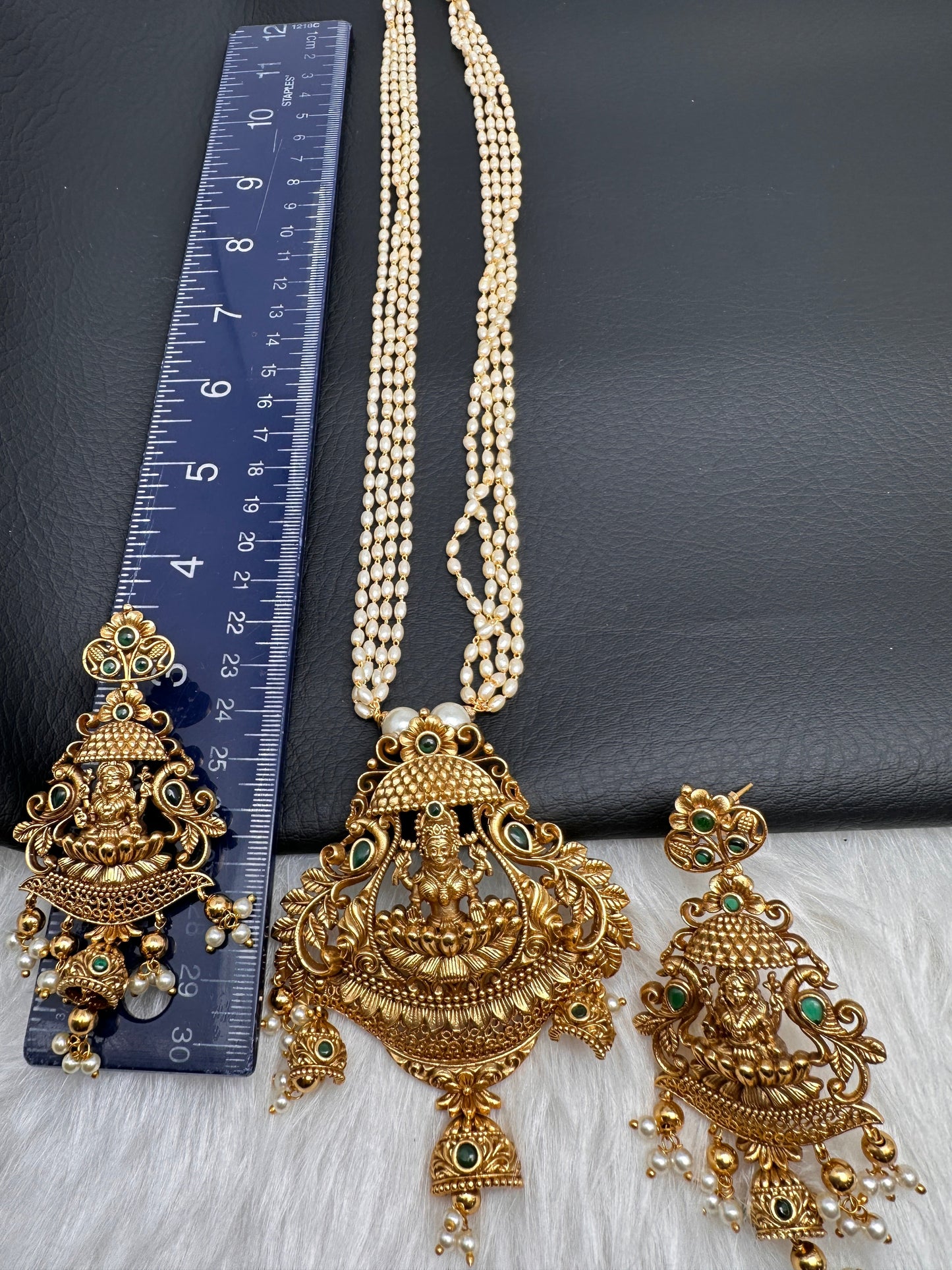 Goddess Lakshmi Premium Matte Finish Nakshi Pendent Set With Rice Pearl Mala