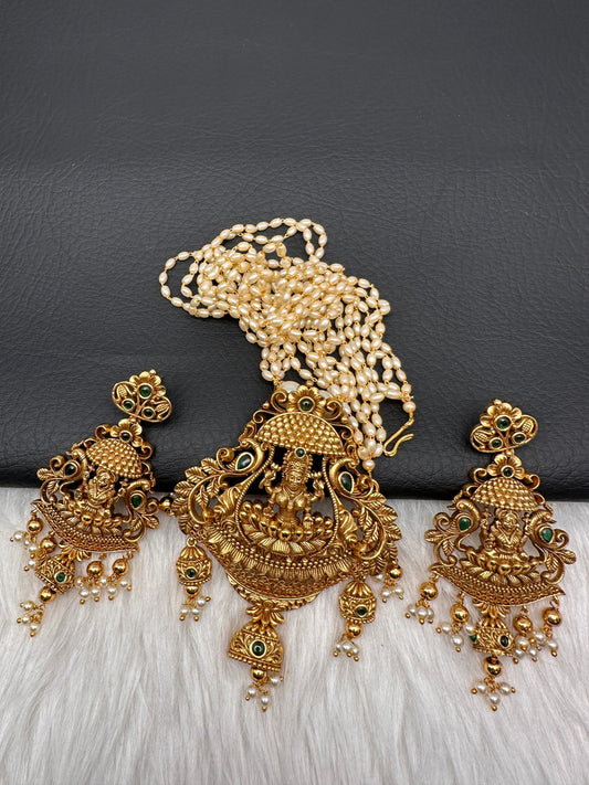 Goddess Lakshmi Premium Matte Finish Nakshi Pendent Set With Rice Pearl Mala