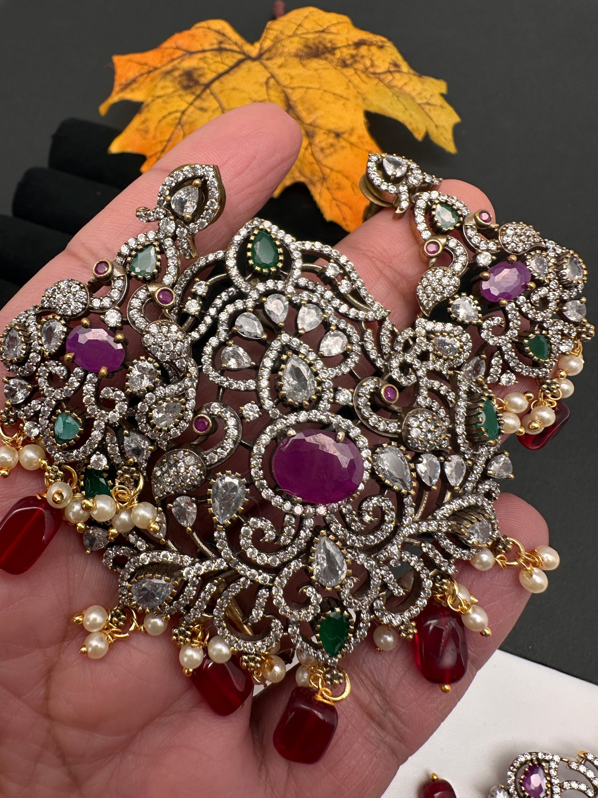Victorian Peacock Color Stone Pendent Set - Multi