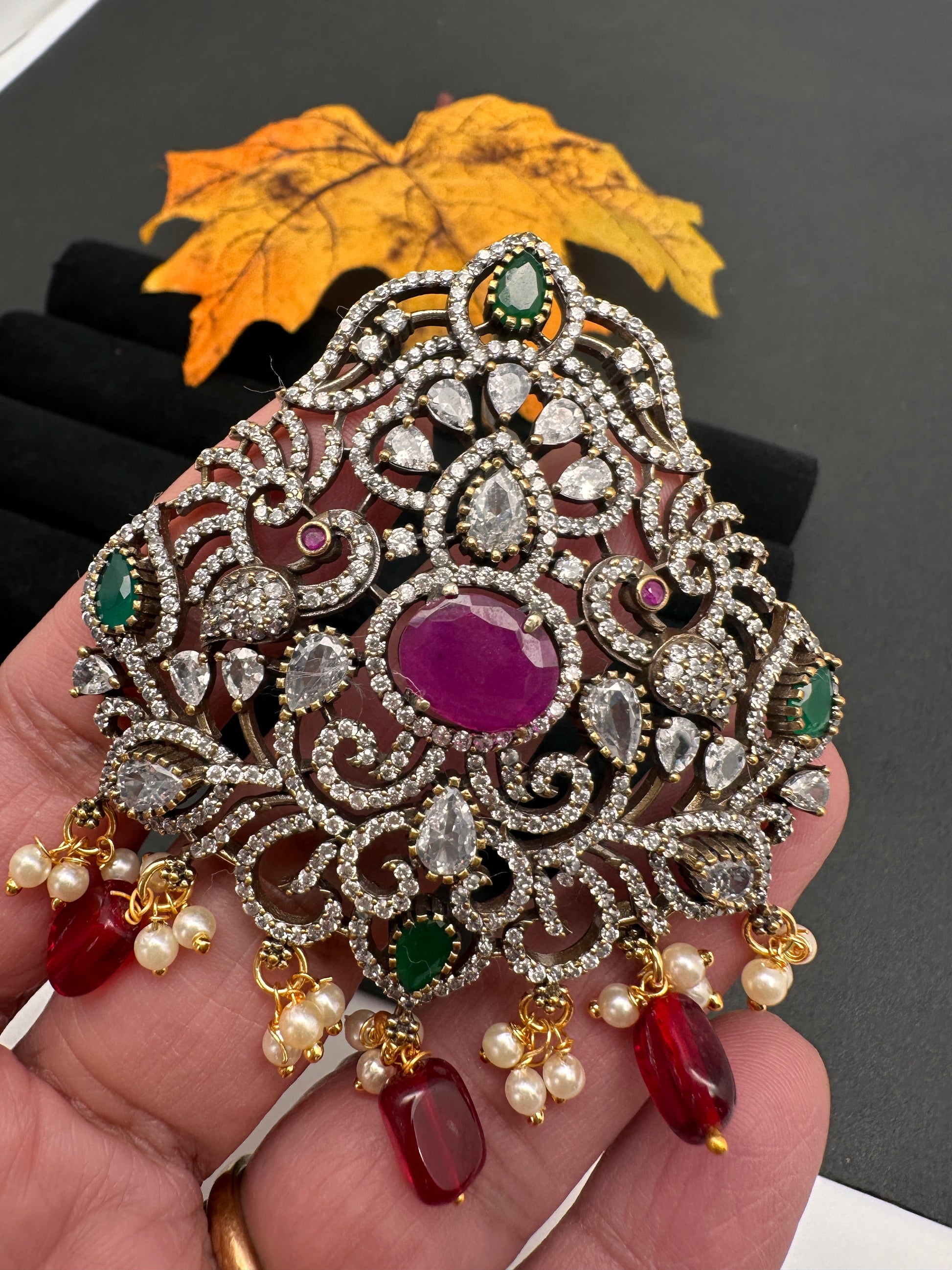 Victorian Peacock Color Stone Pendent Set - Multi