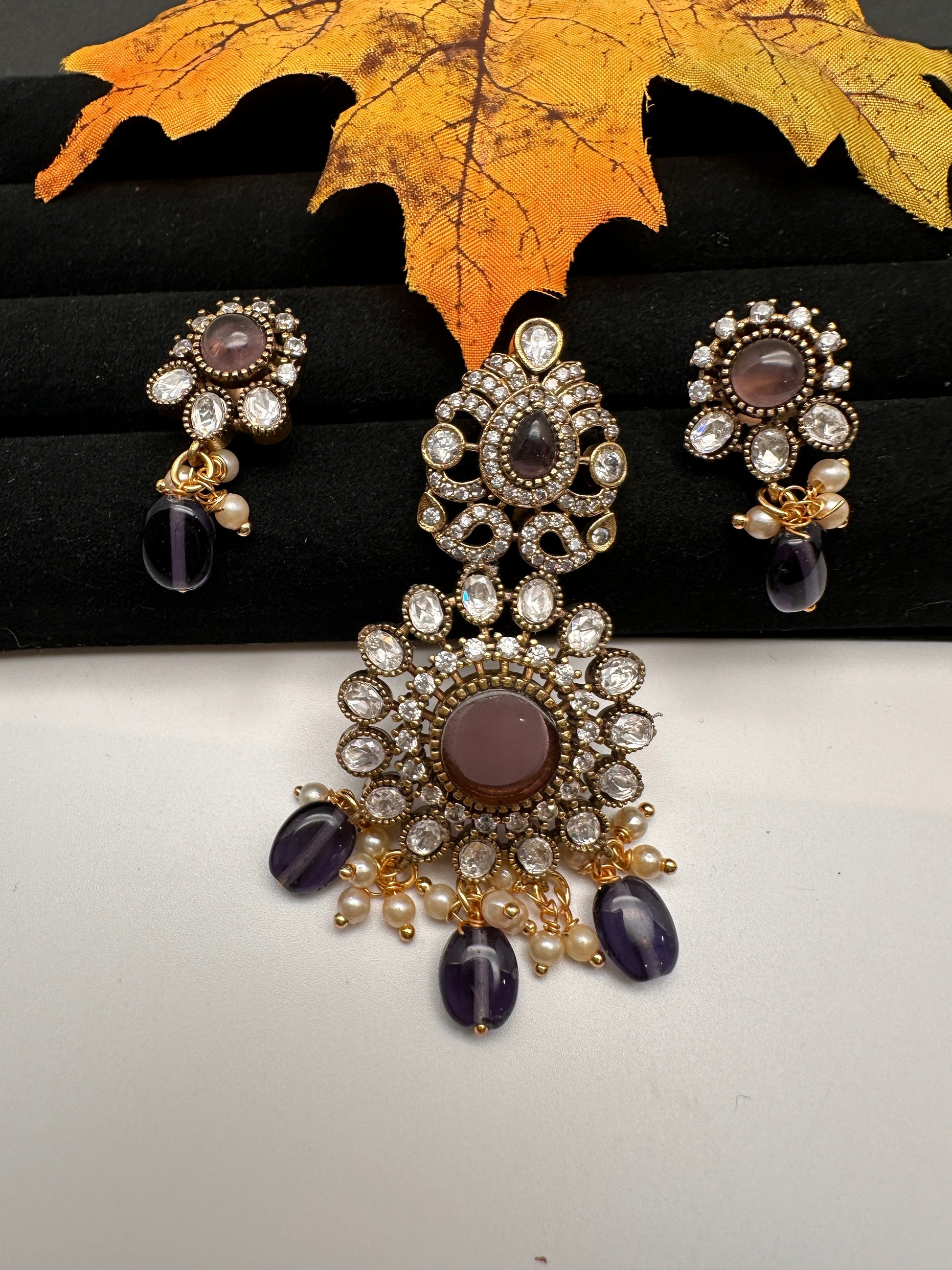 Victorian  Color Stone Pendent Set - Purple