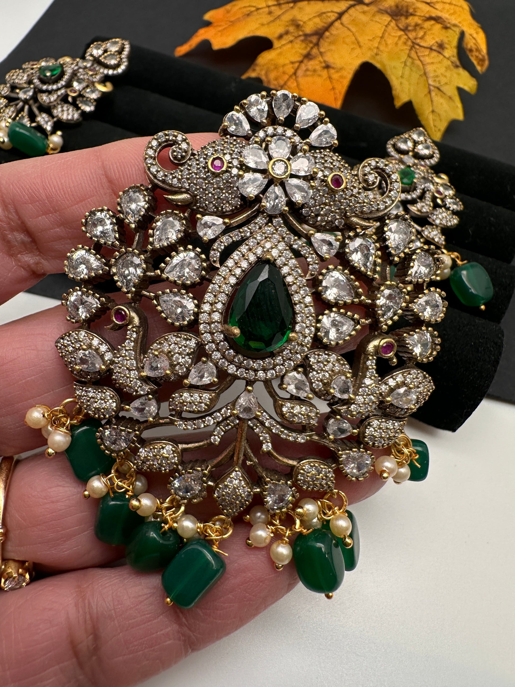 Polki AD Color Stone Victorian Pendent Set - Green