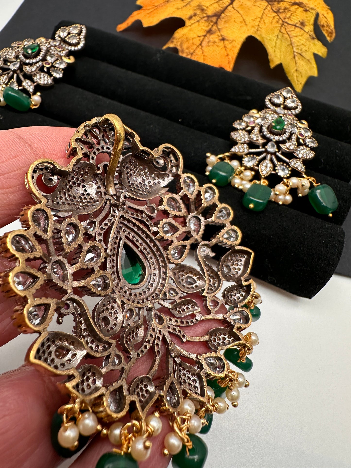 Polki AD Color Stone Victorian Pendent Set - Green