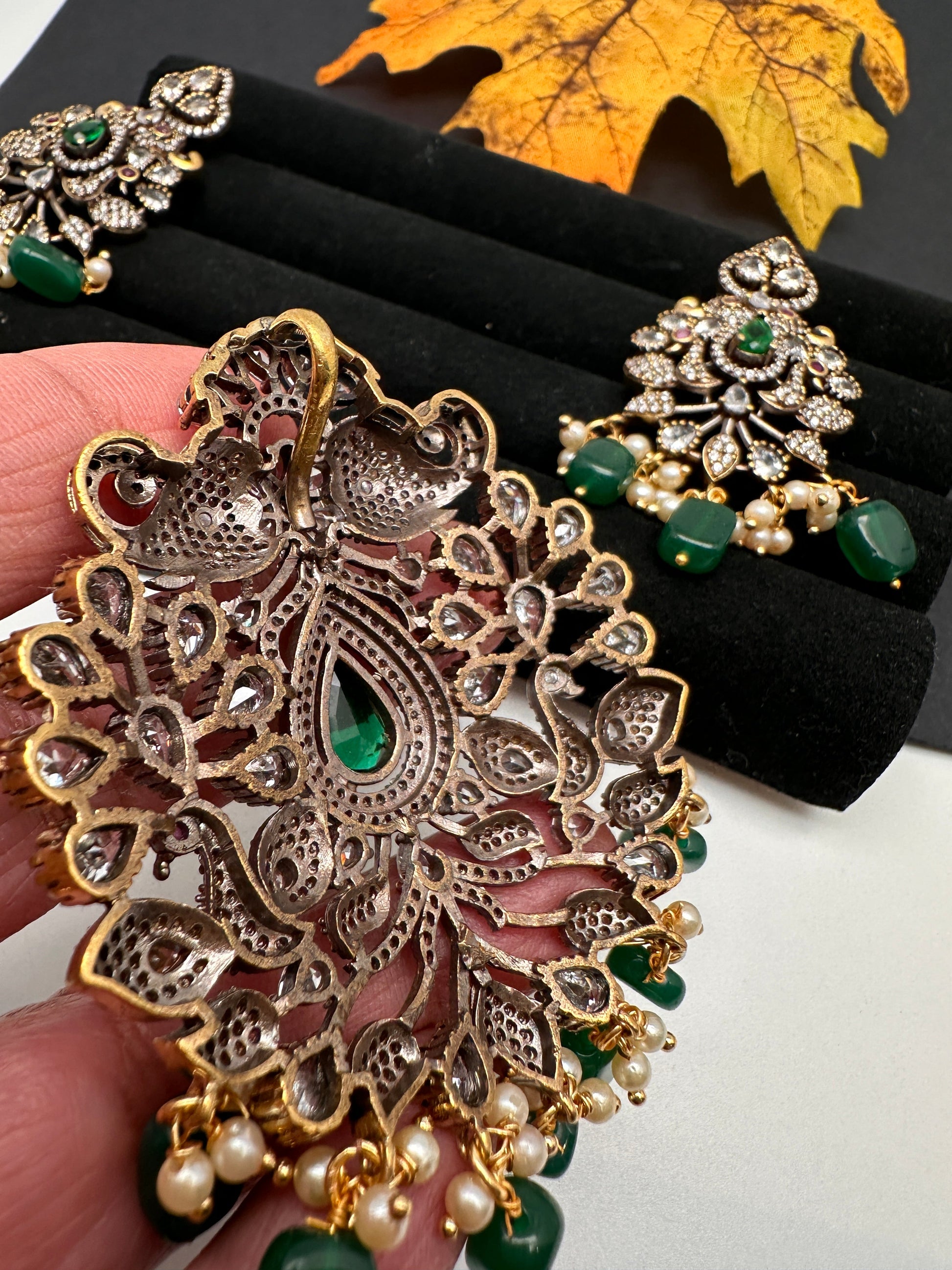 Polki AD Color Stone Victorian Pendent Set - Green