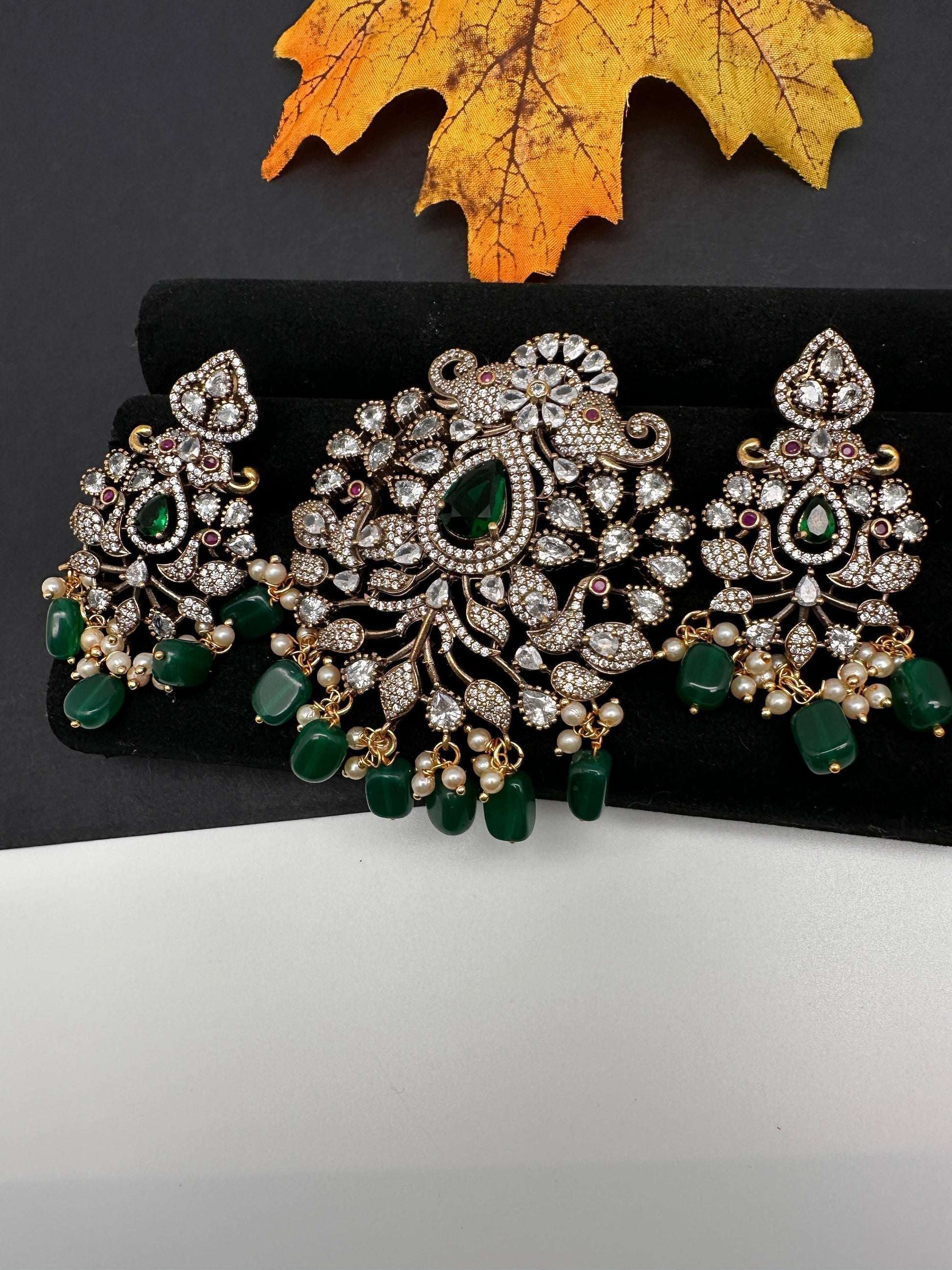 Polki AD Color Stone Victorian Pendent Set - Green
