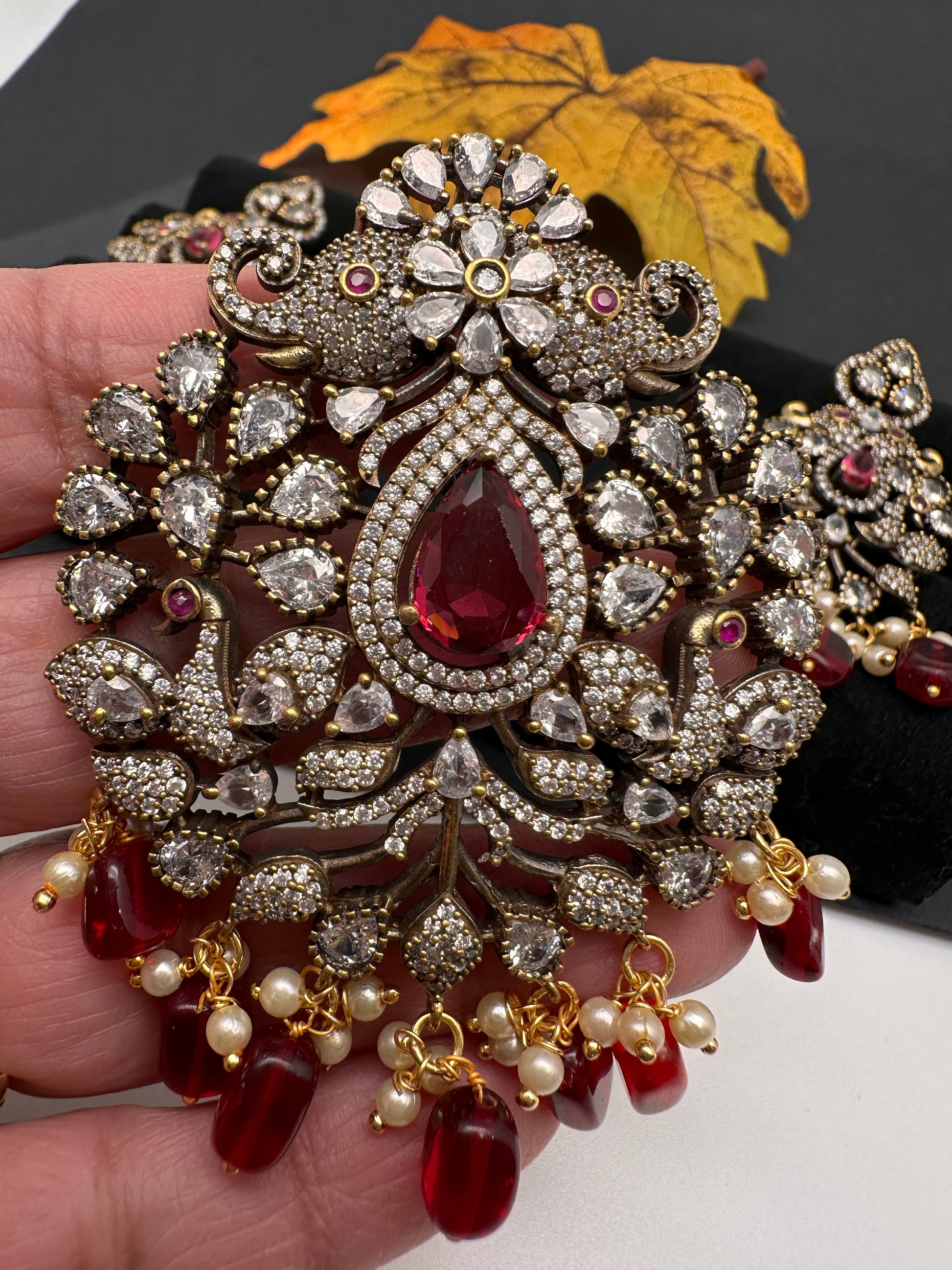 Polki AD Color Stone Victorian Pendent Set - Red