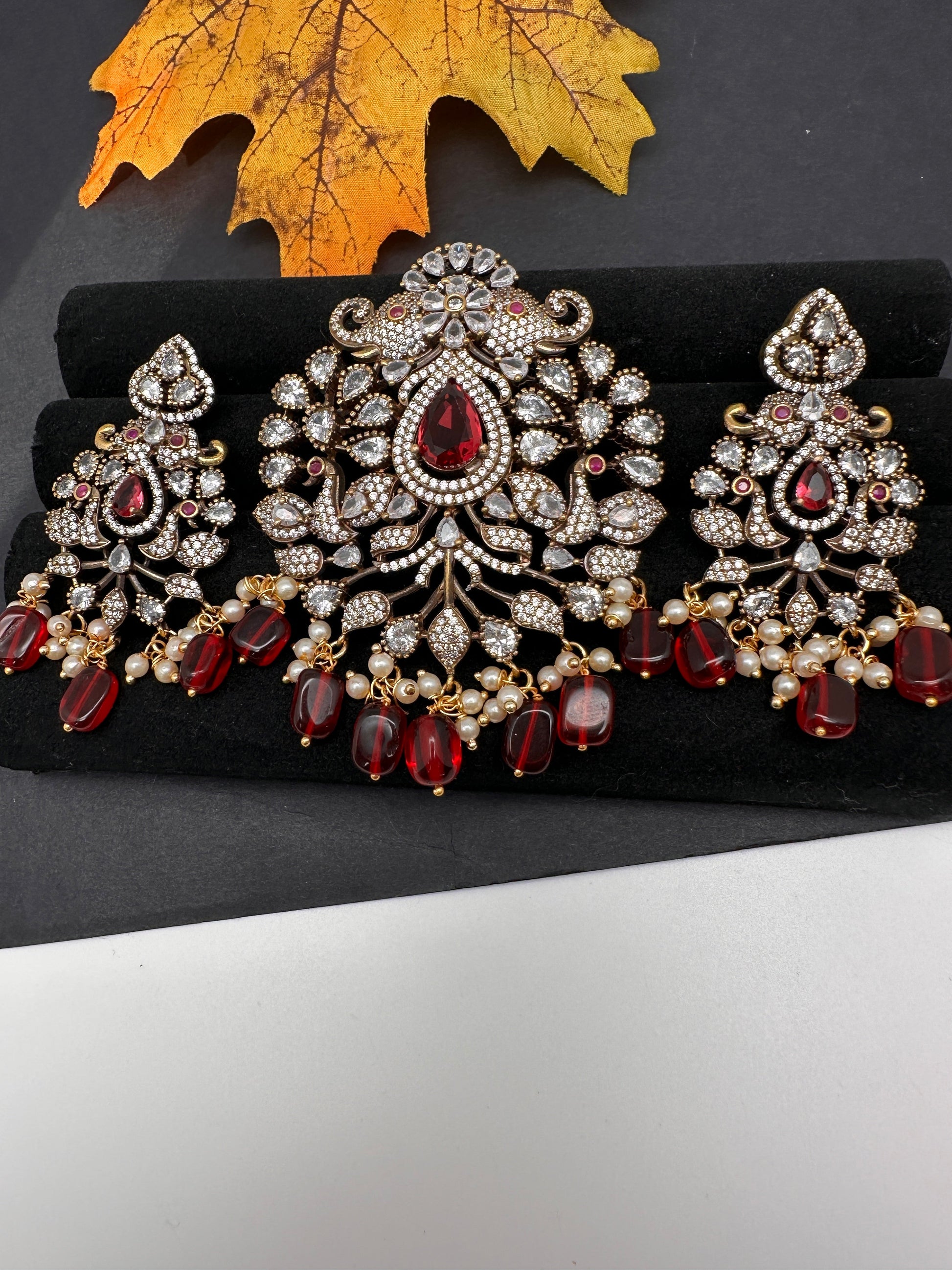 Polki AD Color Stone Victorian Pendent Set - Red