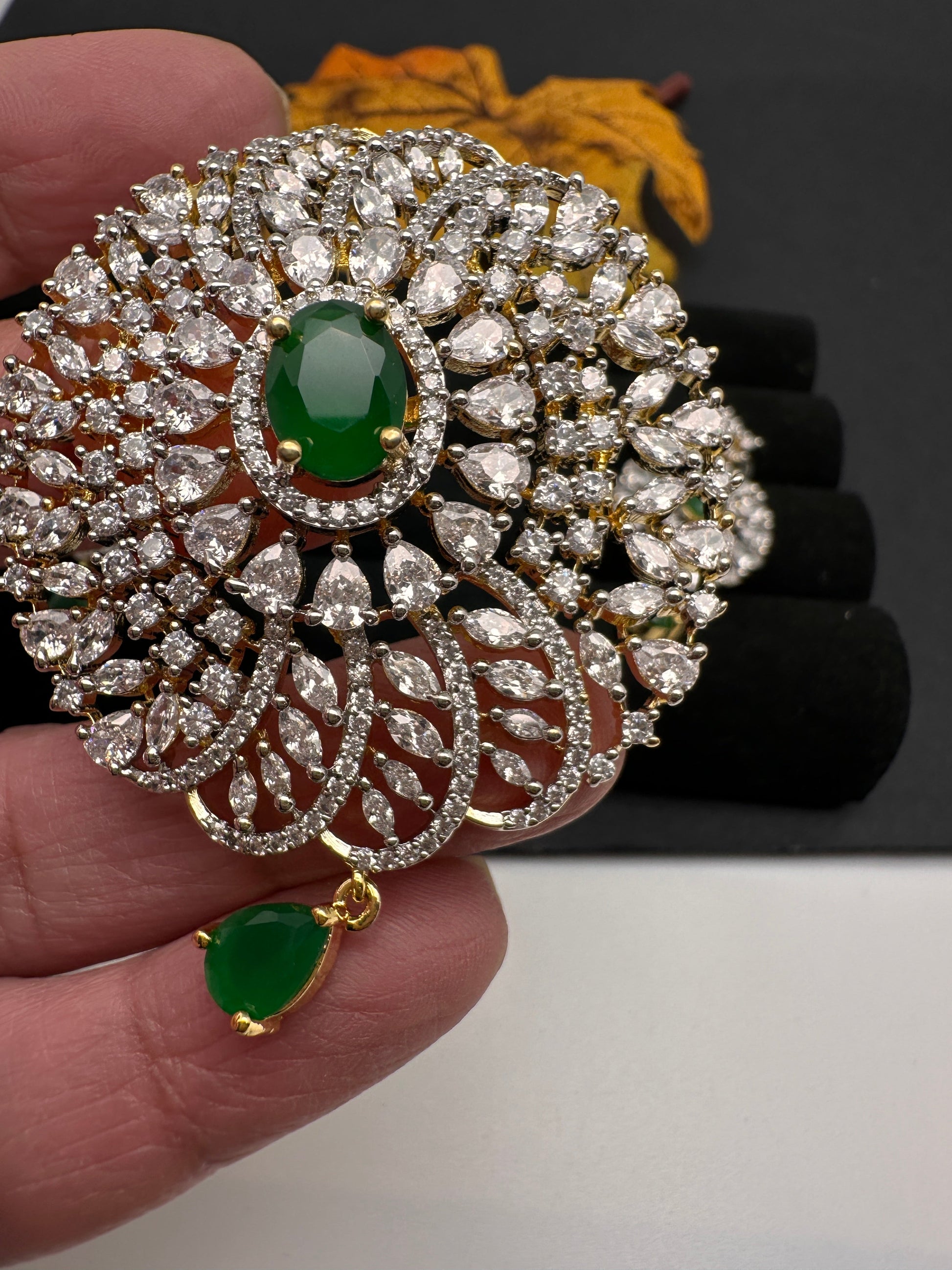 AD Diamond Finish Color Stone Pendent Set - Green