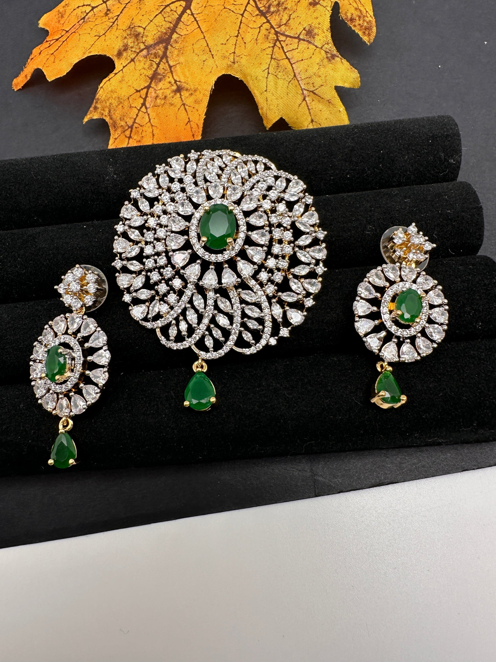 AD Diamond Finish Color Stone Pendent Set - Green