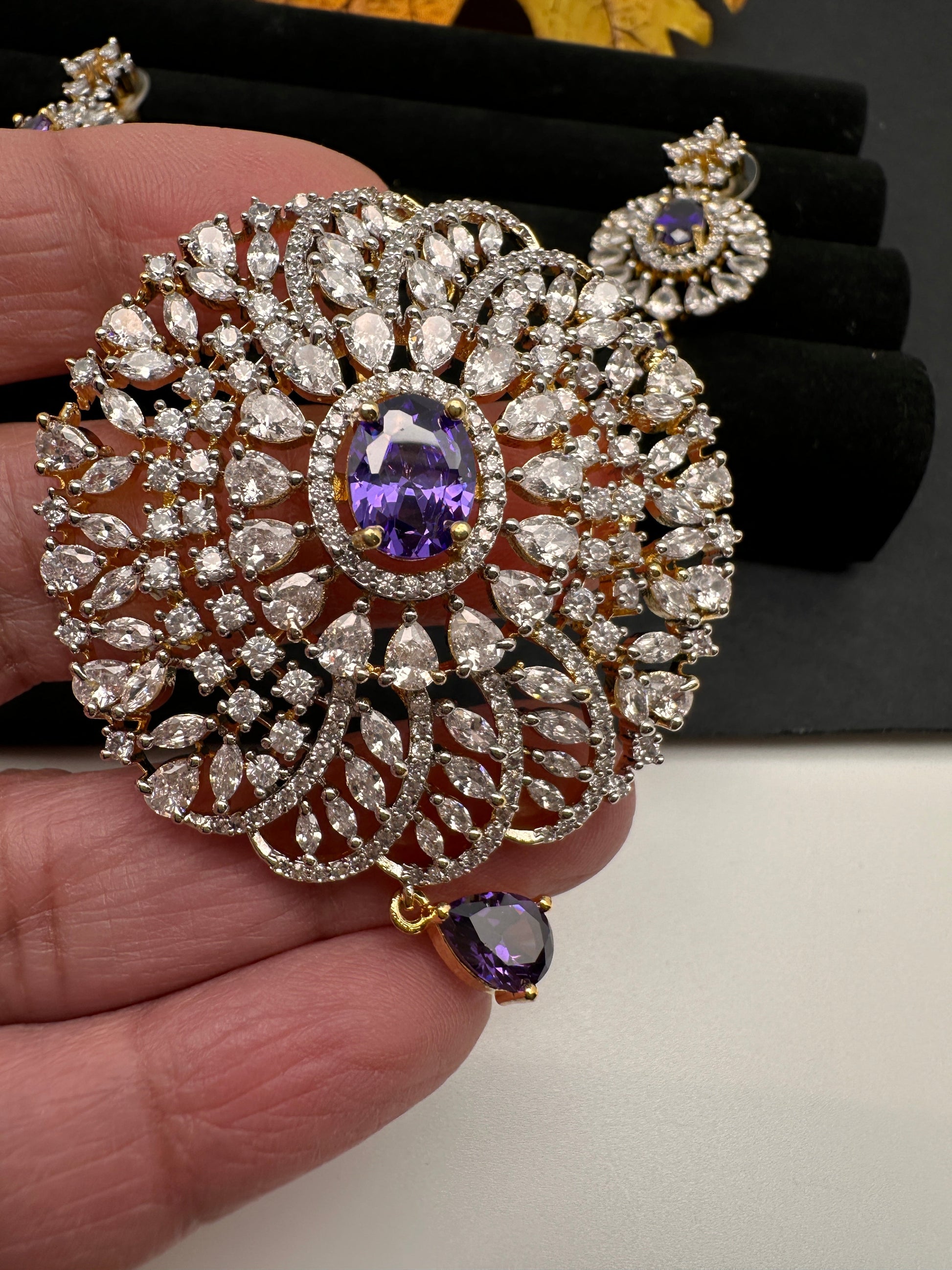 AD Diamond Finish Color Stone Pendent Set - Purple