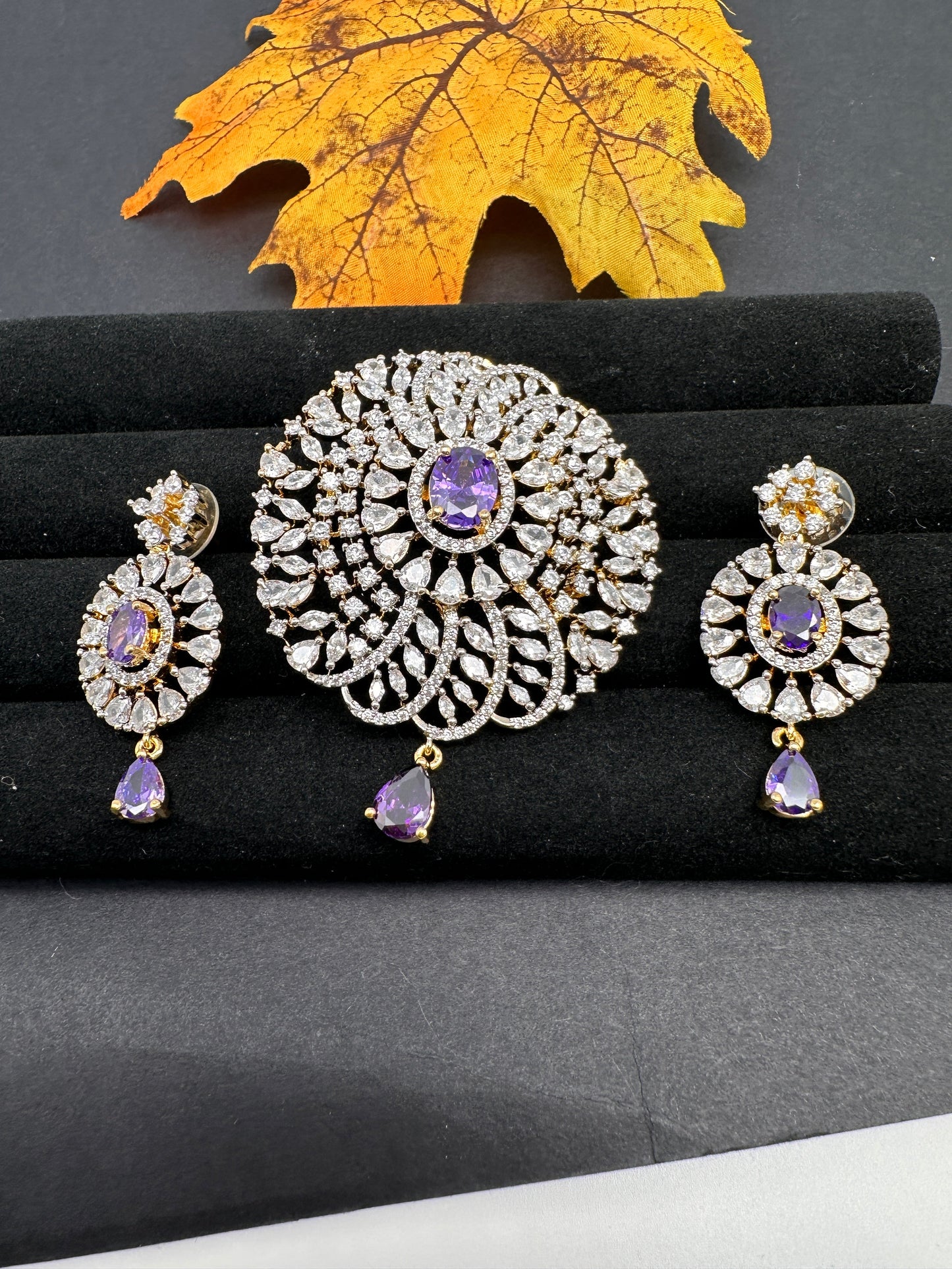 AD Diamond Finish Color Stone Pendent Set - Purple