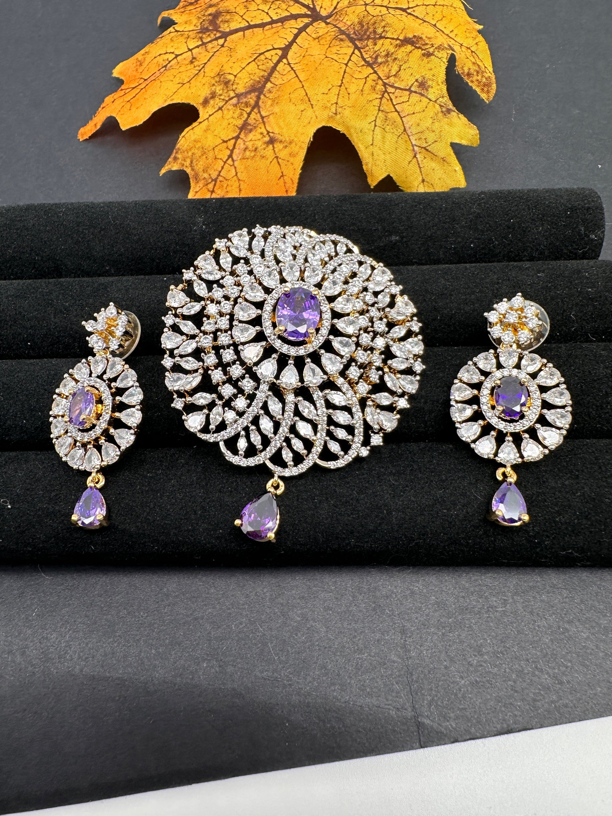 AD Diamond Finish Color Stone Pendent Set - Purple