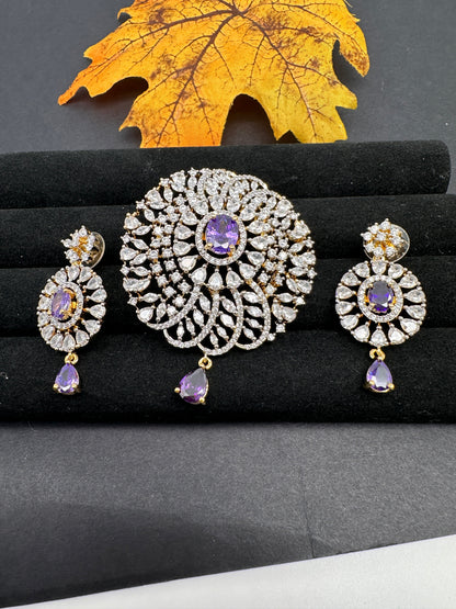 AD Diamond Finish Color Stone Pendent Set - Purple