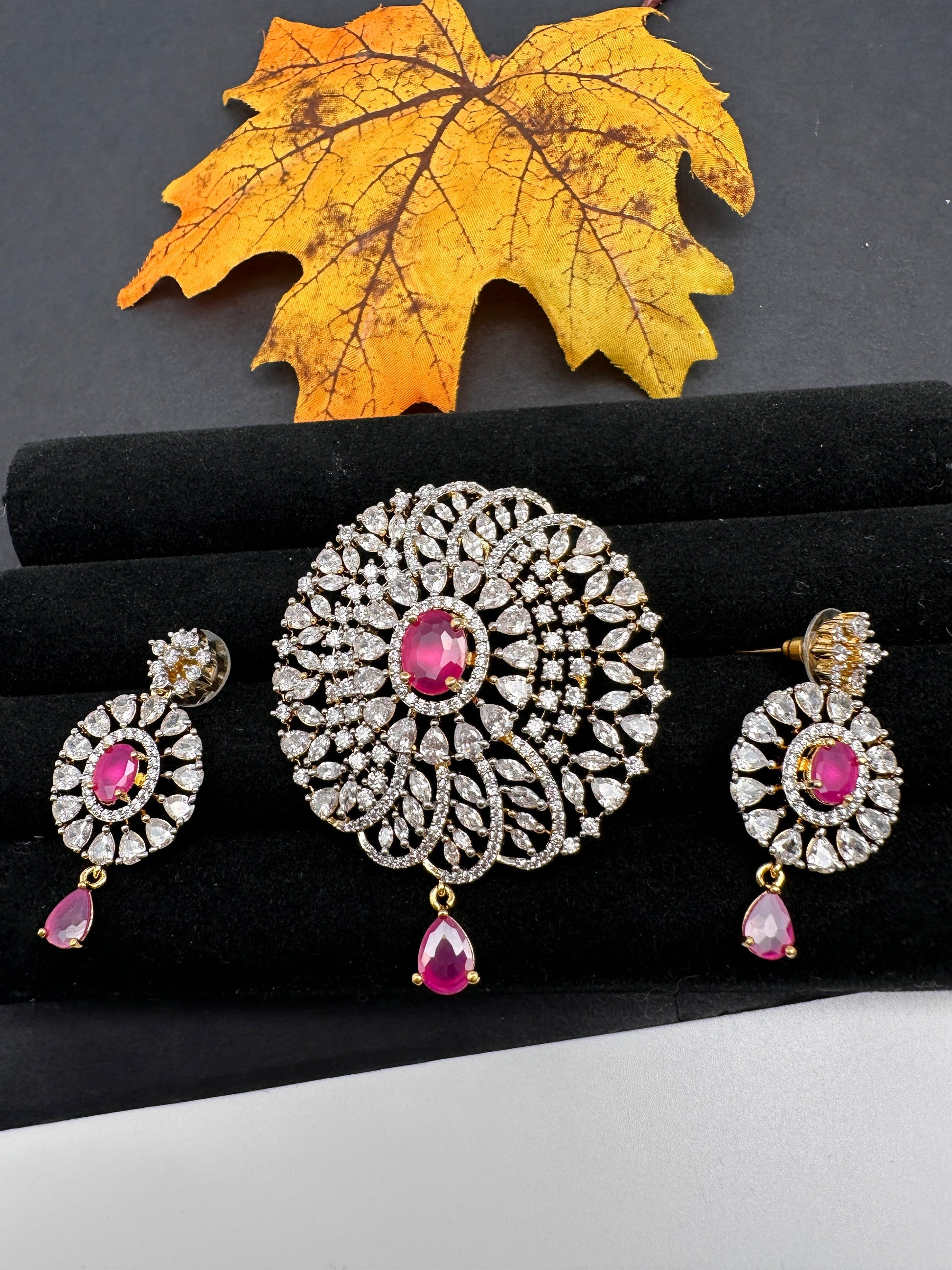 AD Diamond Finish Color Stone Pendent Set - Red