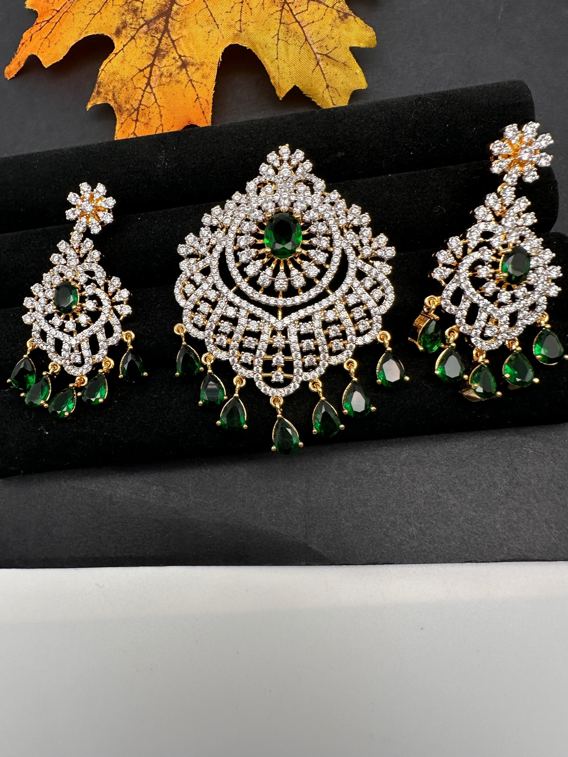 AD Diamond Finish Color Stone Pendent Set - Green