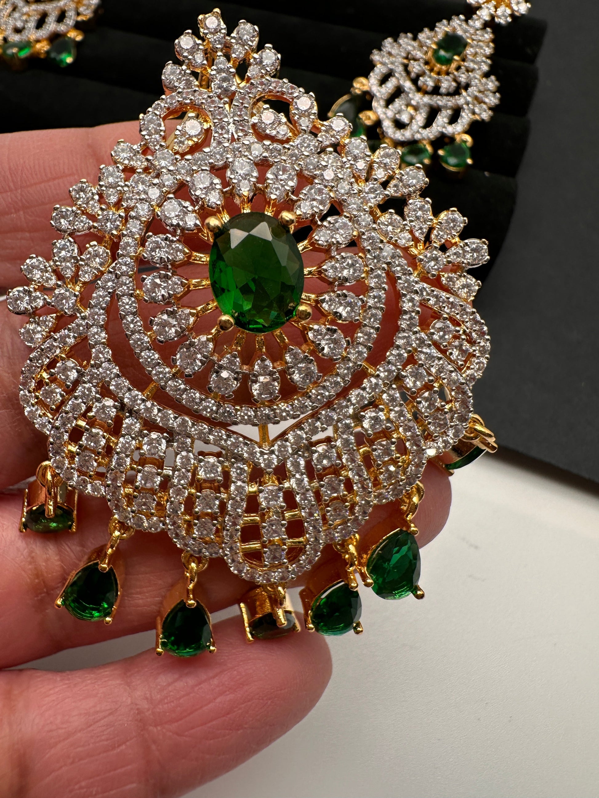 AD Diamond Finish Color Stone Pendent Set - Green