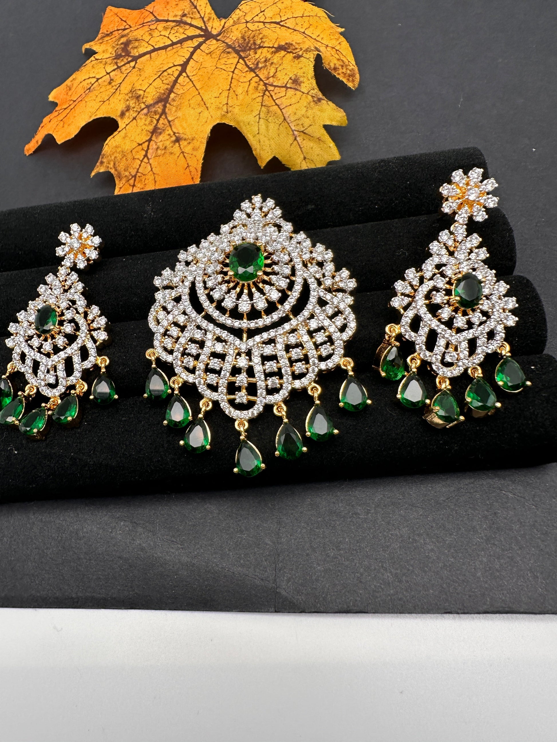 AD Diamond Finish Color Stone Pendent Set - Green