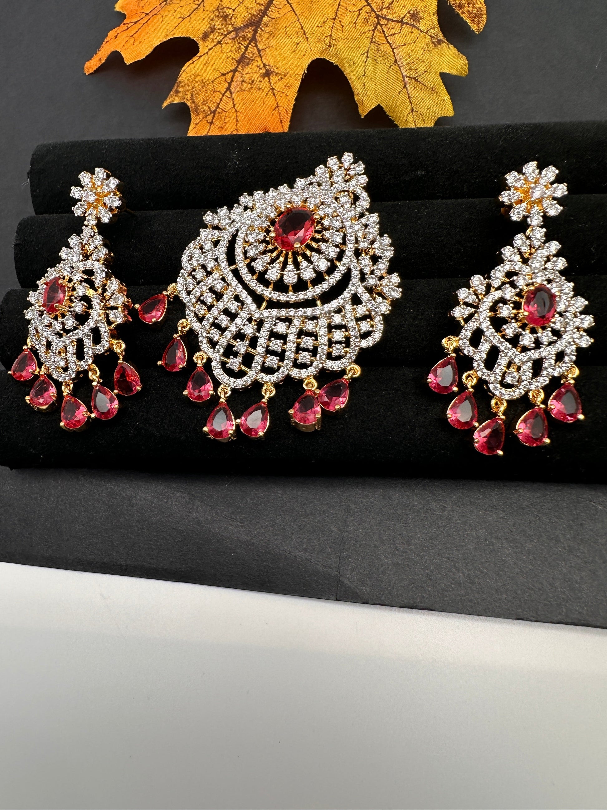 AD Diamond Finish Color Stone Pendent Set - Red