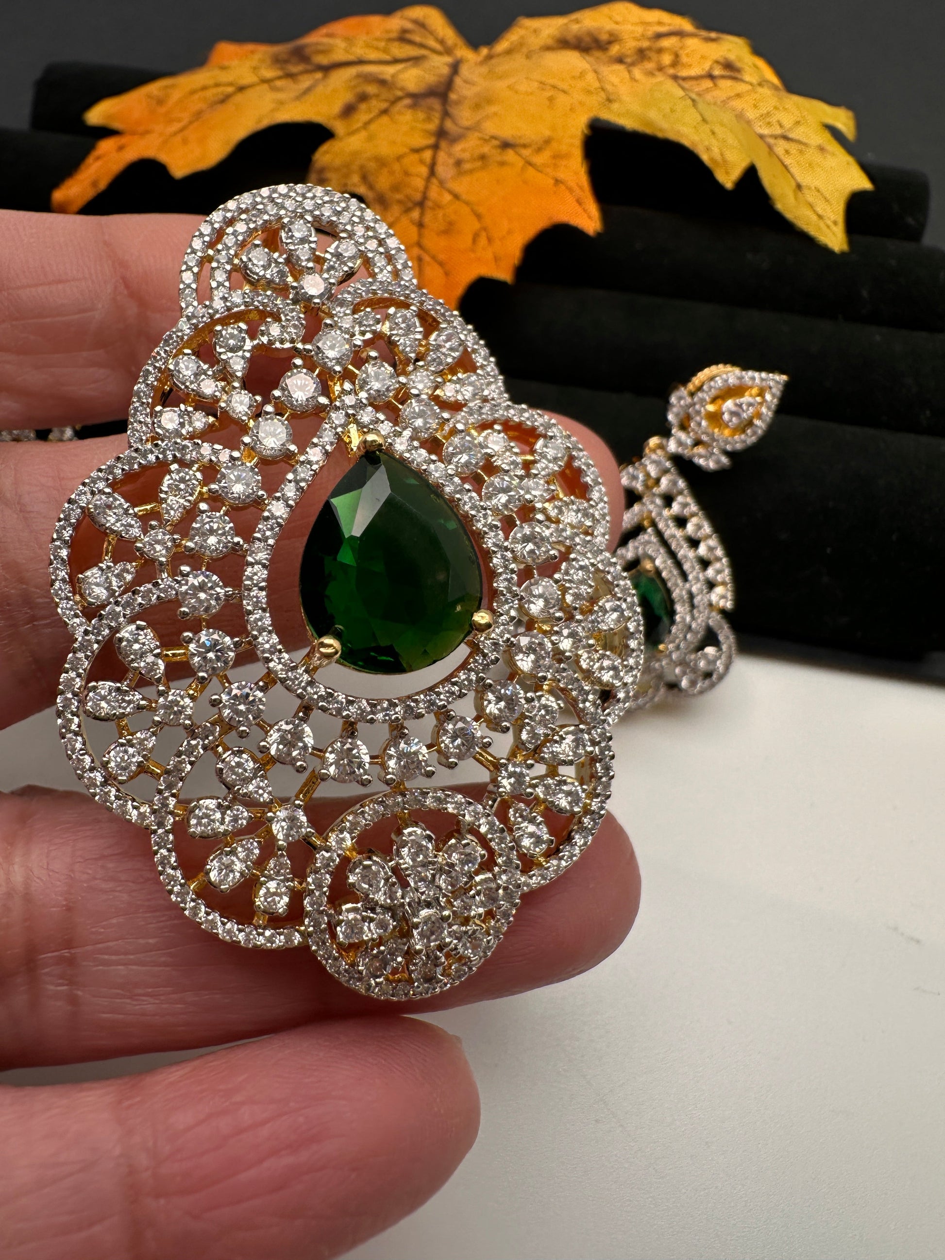 AD Diamond Finish Color Stone Pendent Set - Green