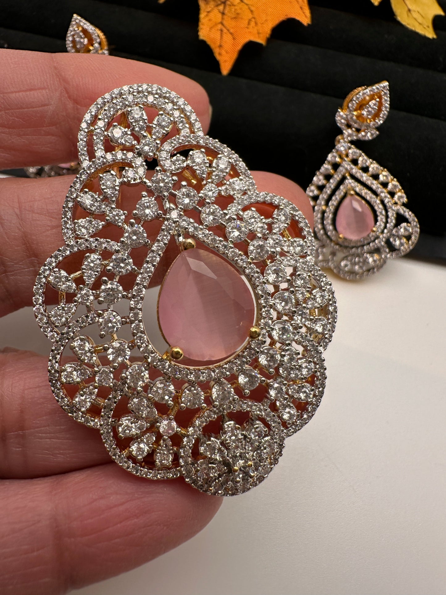 AD Diamond Finish Color Stone Pendent Set - Pink