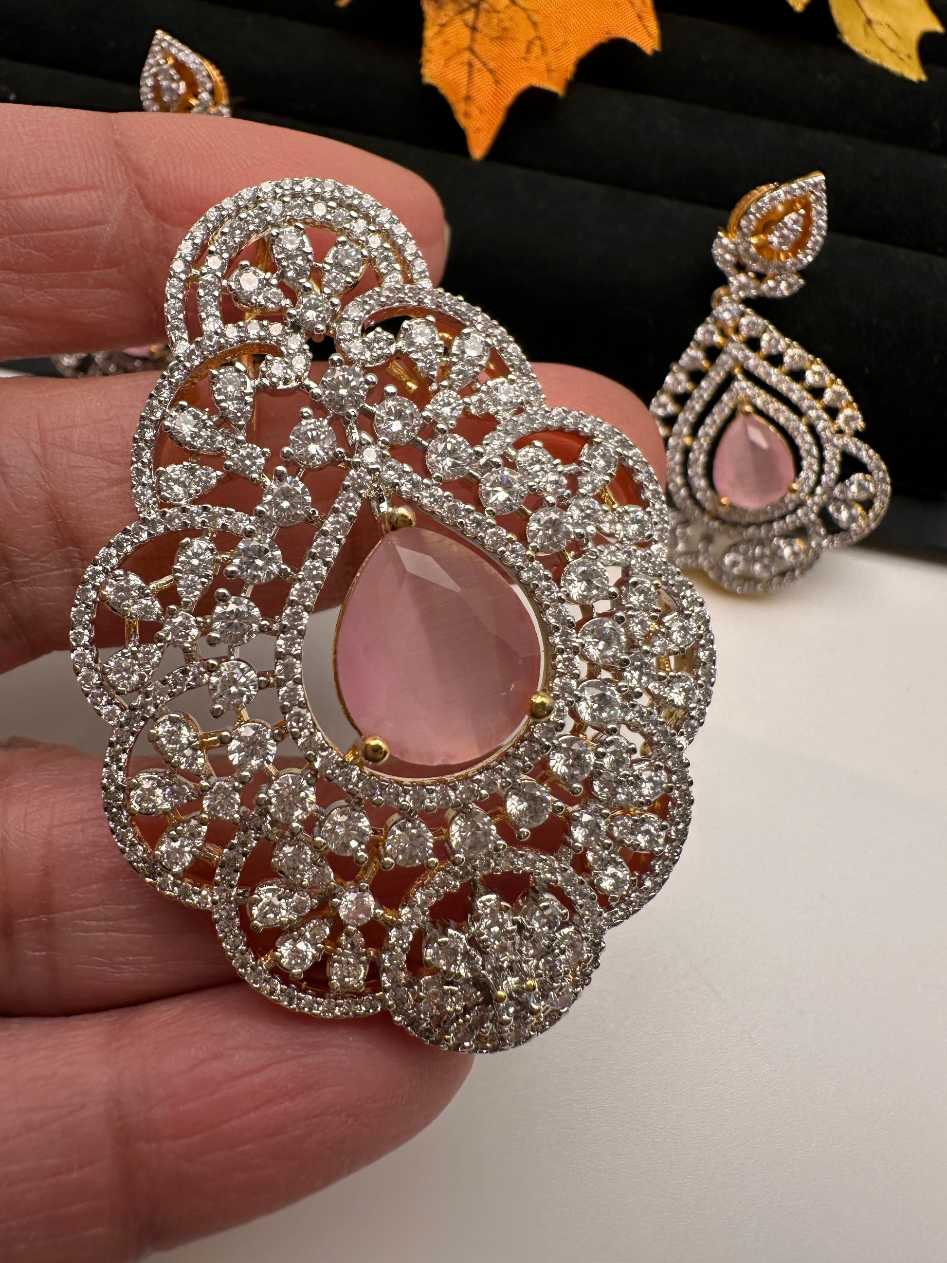 AD Diamond Finish Color Stone Pendent Set - Pink