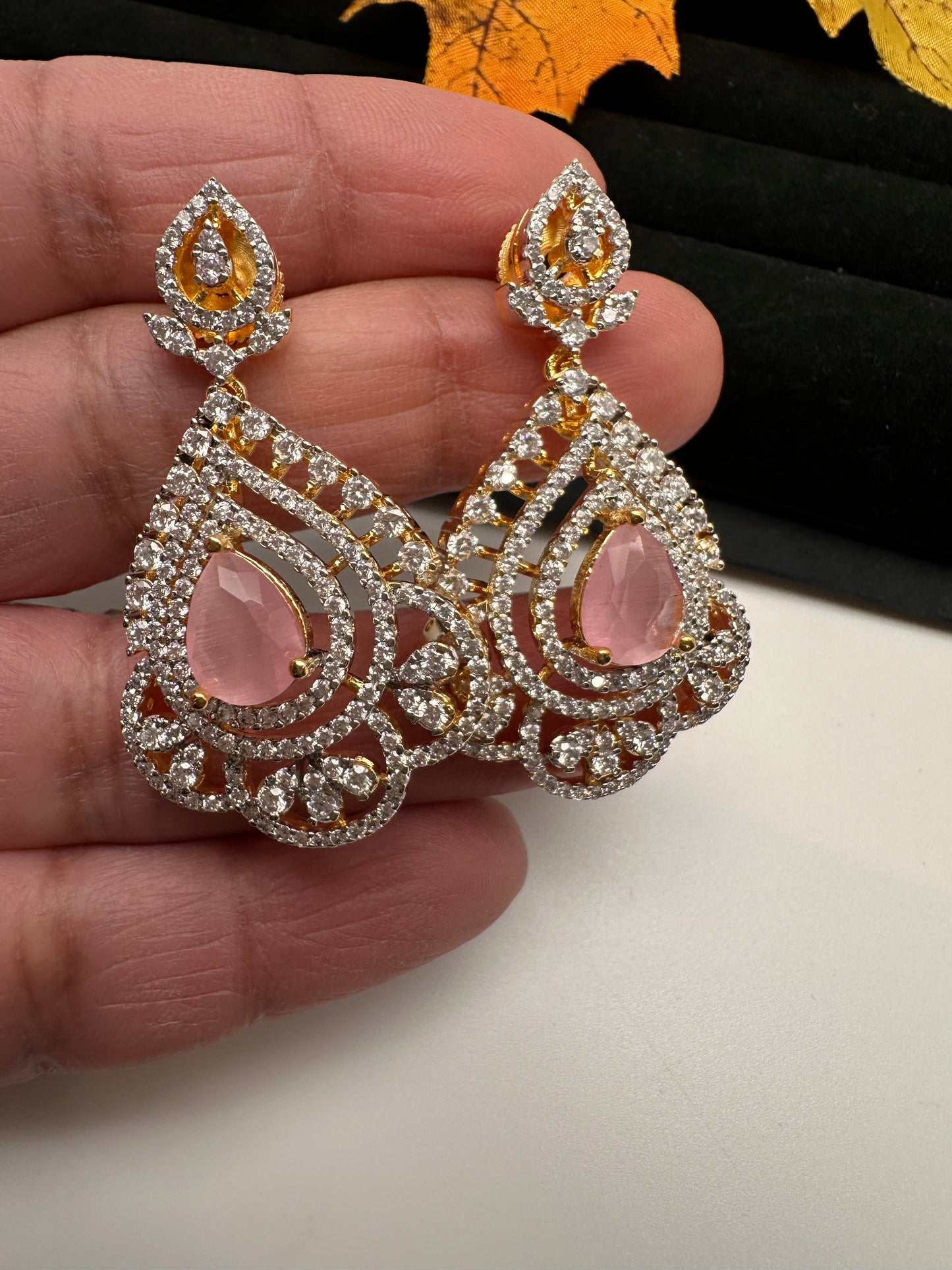 AD Diamond Finish Color Stone Pendent Set - Pink