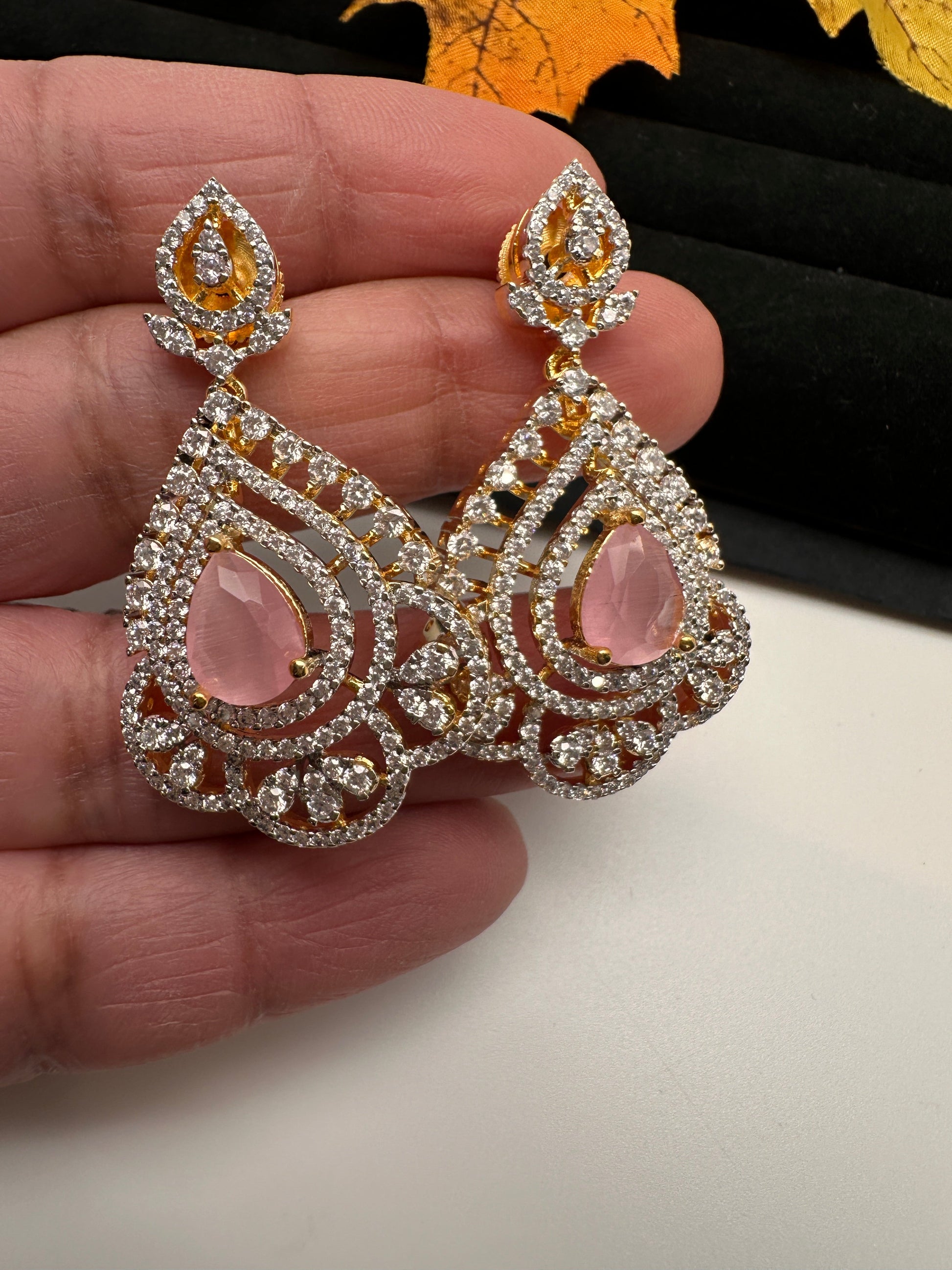 AD Diamond Finish Color Stone Pendent Set - Pink