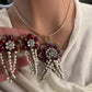 Victorian Floral Pearls Color Stone Pendent Set - Red