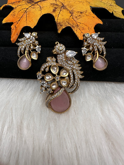 Victorian Birdie Moissanite AD Color Stone Pendent Set - Pink