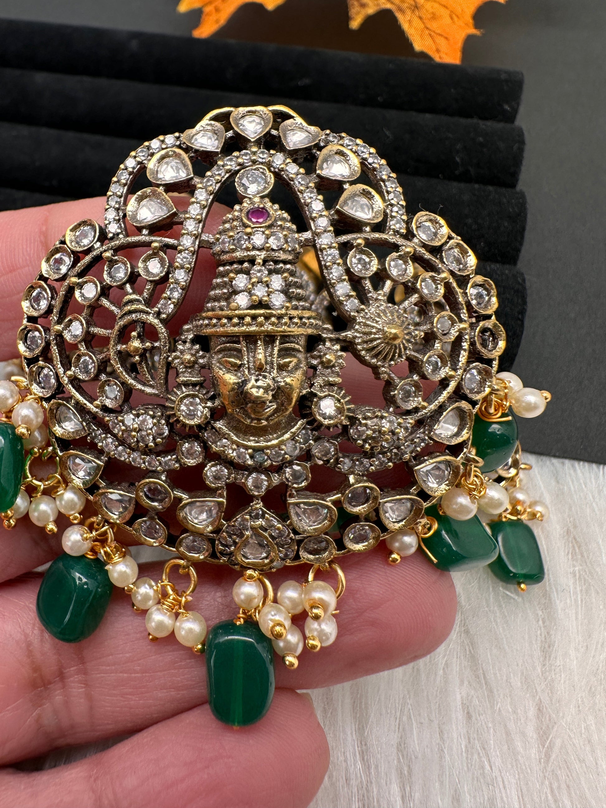 Victorian Balaji Moissanite AD Color Stone Pendent Set - Green