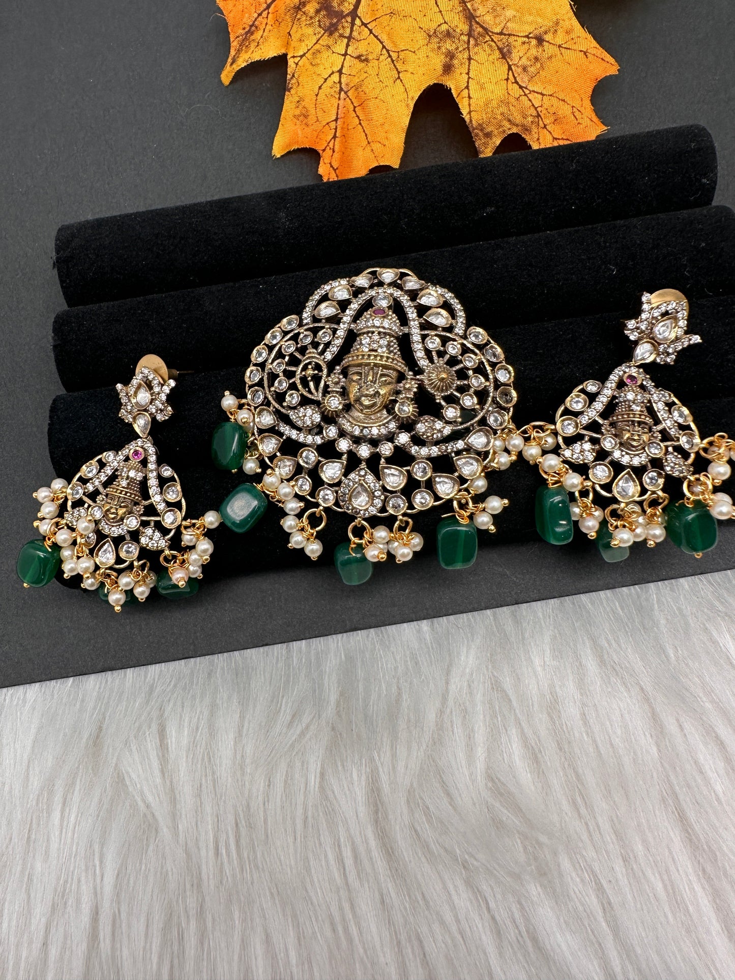 Victorian Balaji Moissanite AD Color Stone Pendent Set - Green