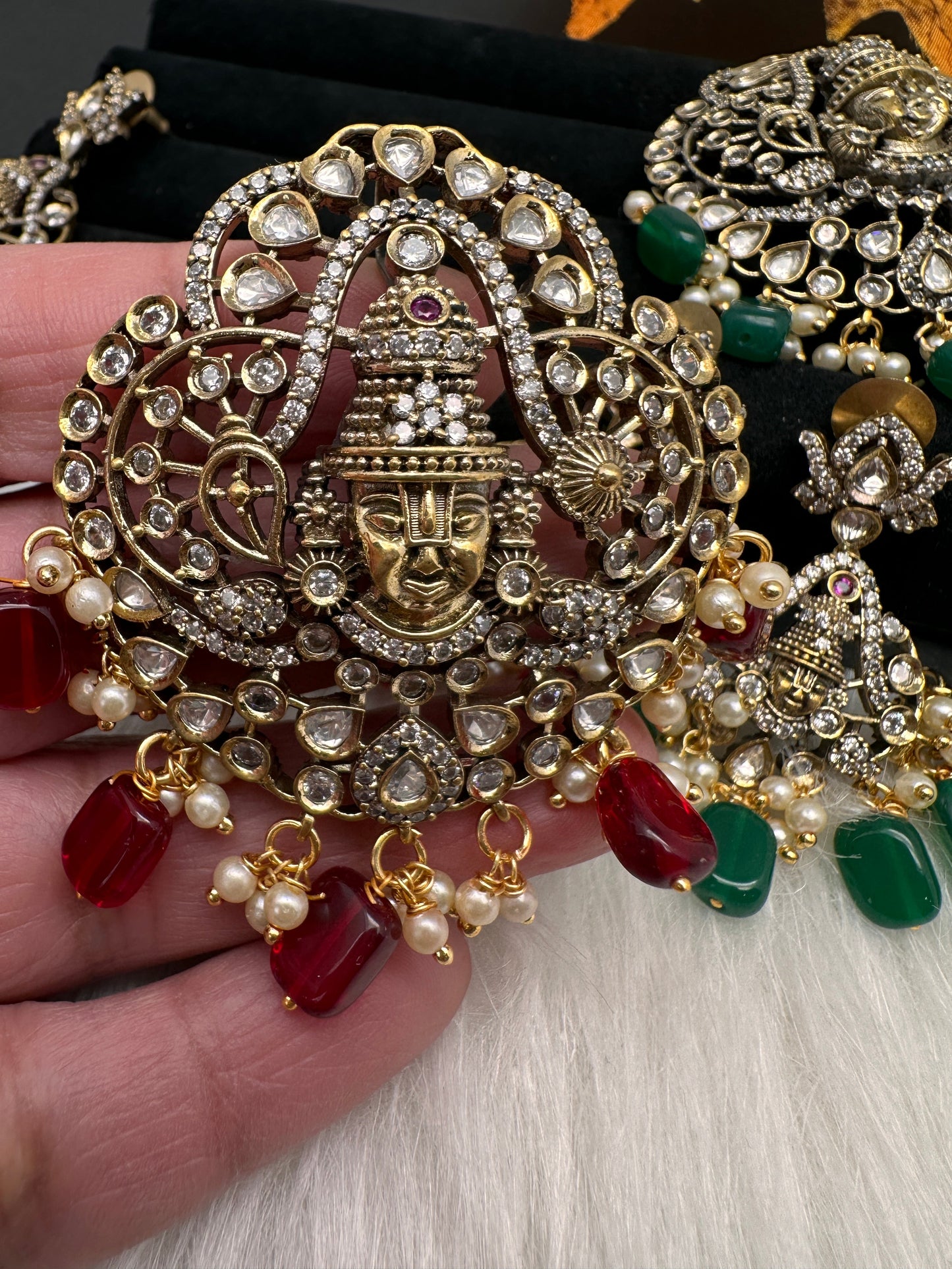 Victorian Balaji Moissanite AD Color Stone Pendent Set - Red
