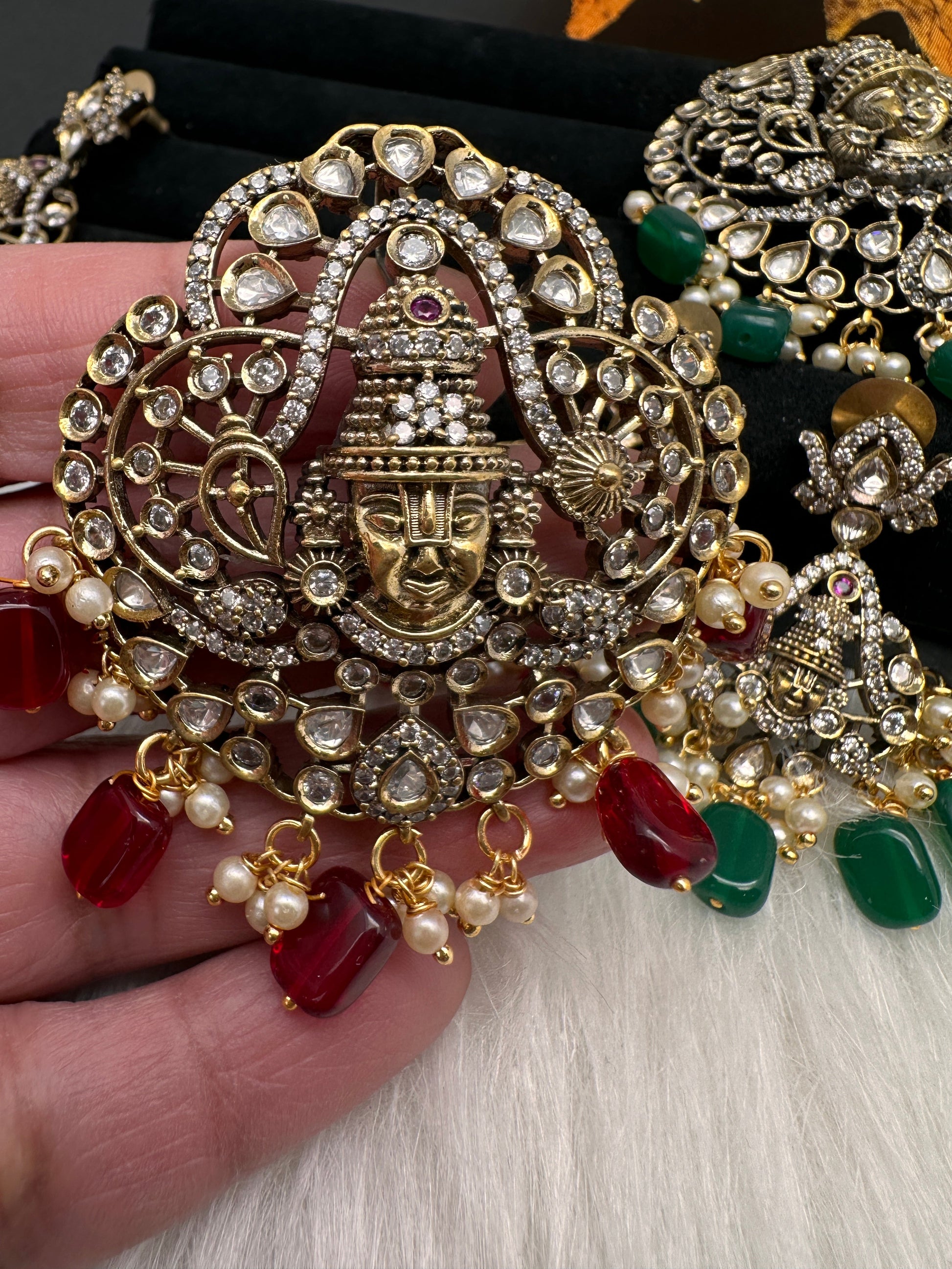 Victorian Balaji Moissanite AD Color Stone Pendent Set - Red