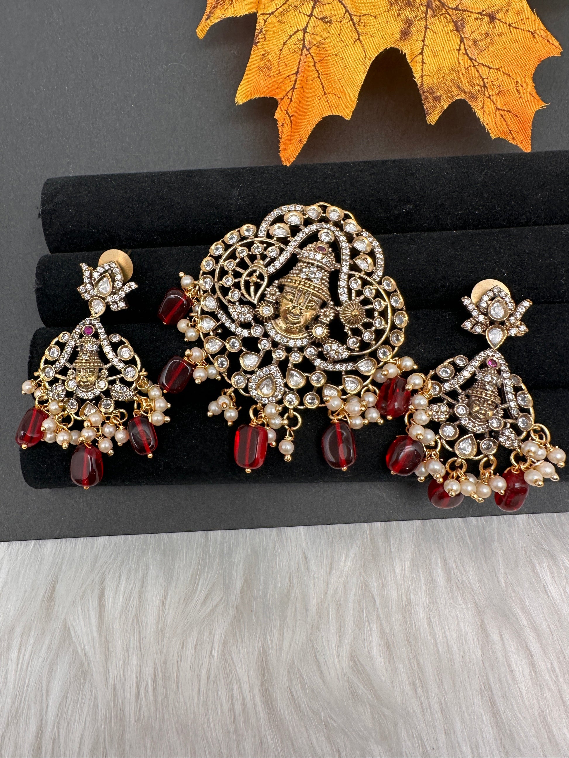 Victorian Balaji Moissanite AD Color Stone Pendent Set - Red