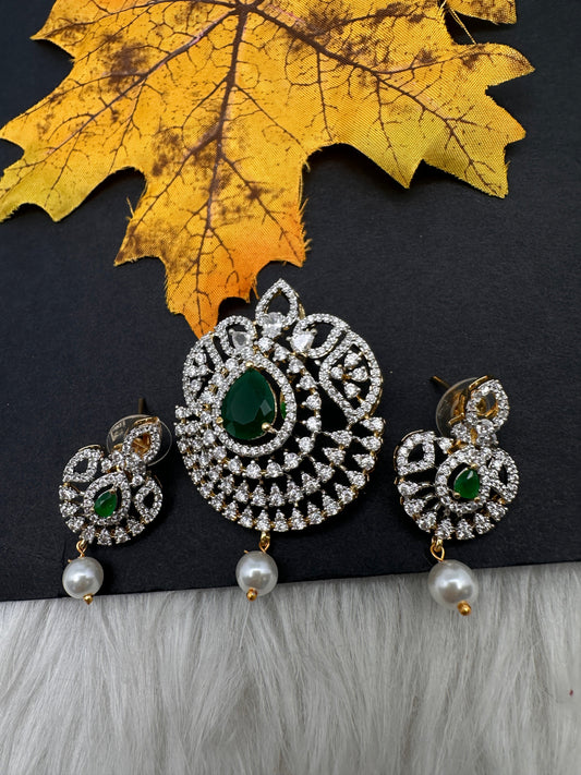 AD Diamond Finish Emerald Pendent Set