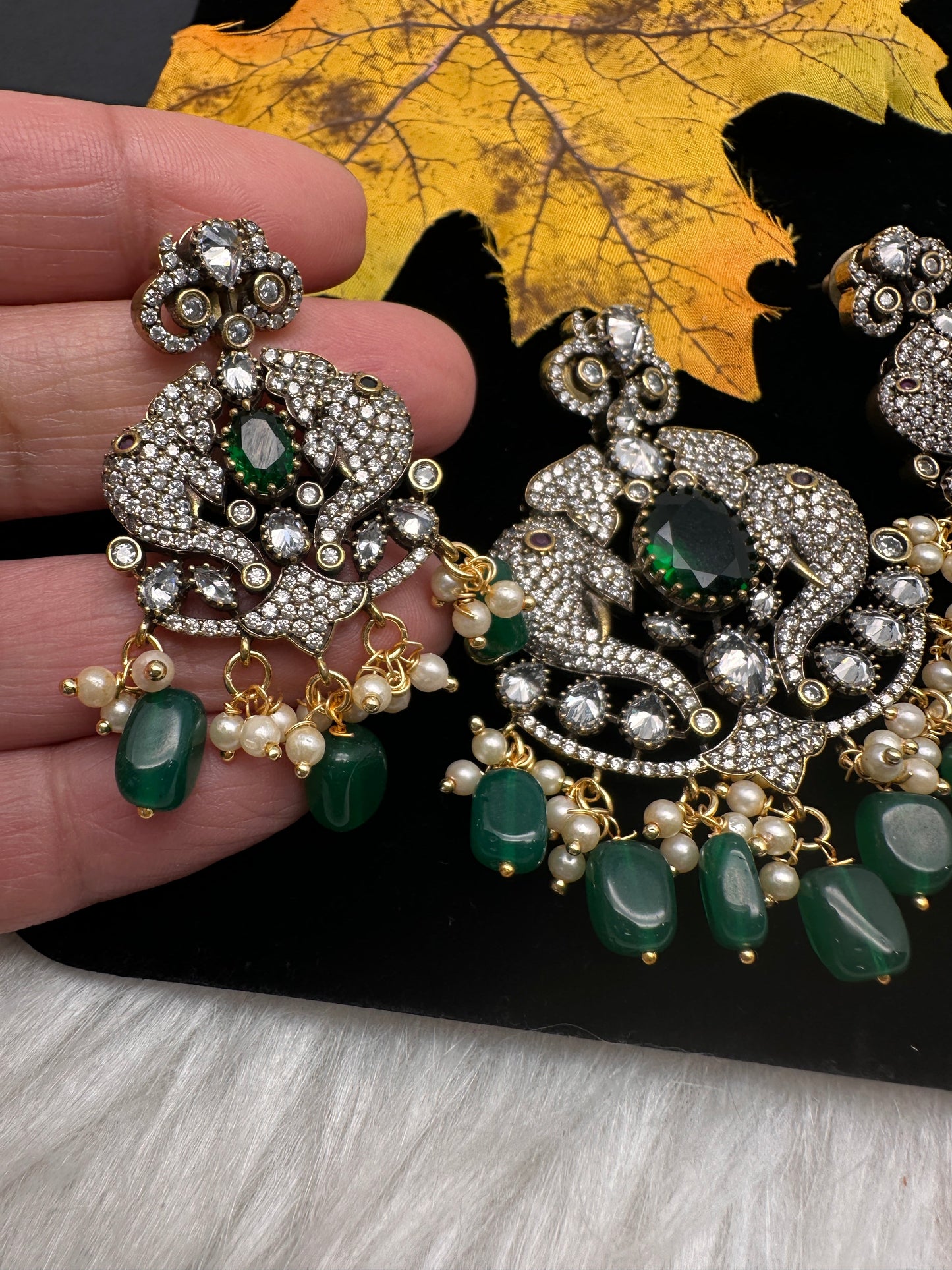 Victorian  Pearls Color Stone Pendent Set - Green