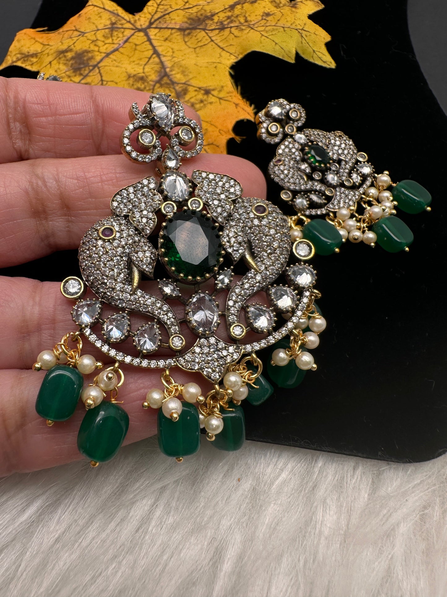 Victorian  Pearls Color Stone Pendent Set - Green