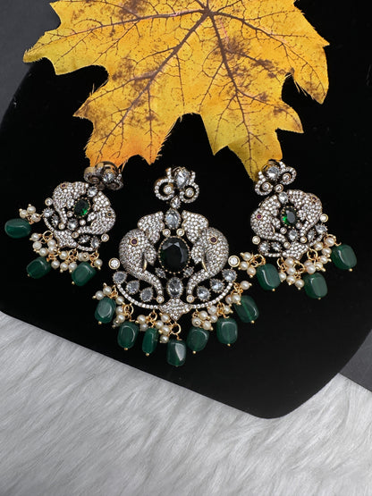 Victorian  Pearls Color Stone Pendent Set - Green