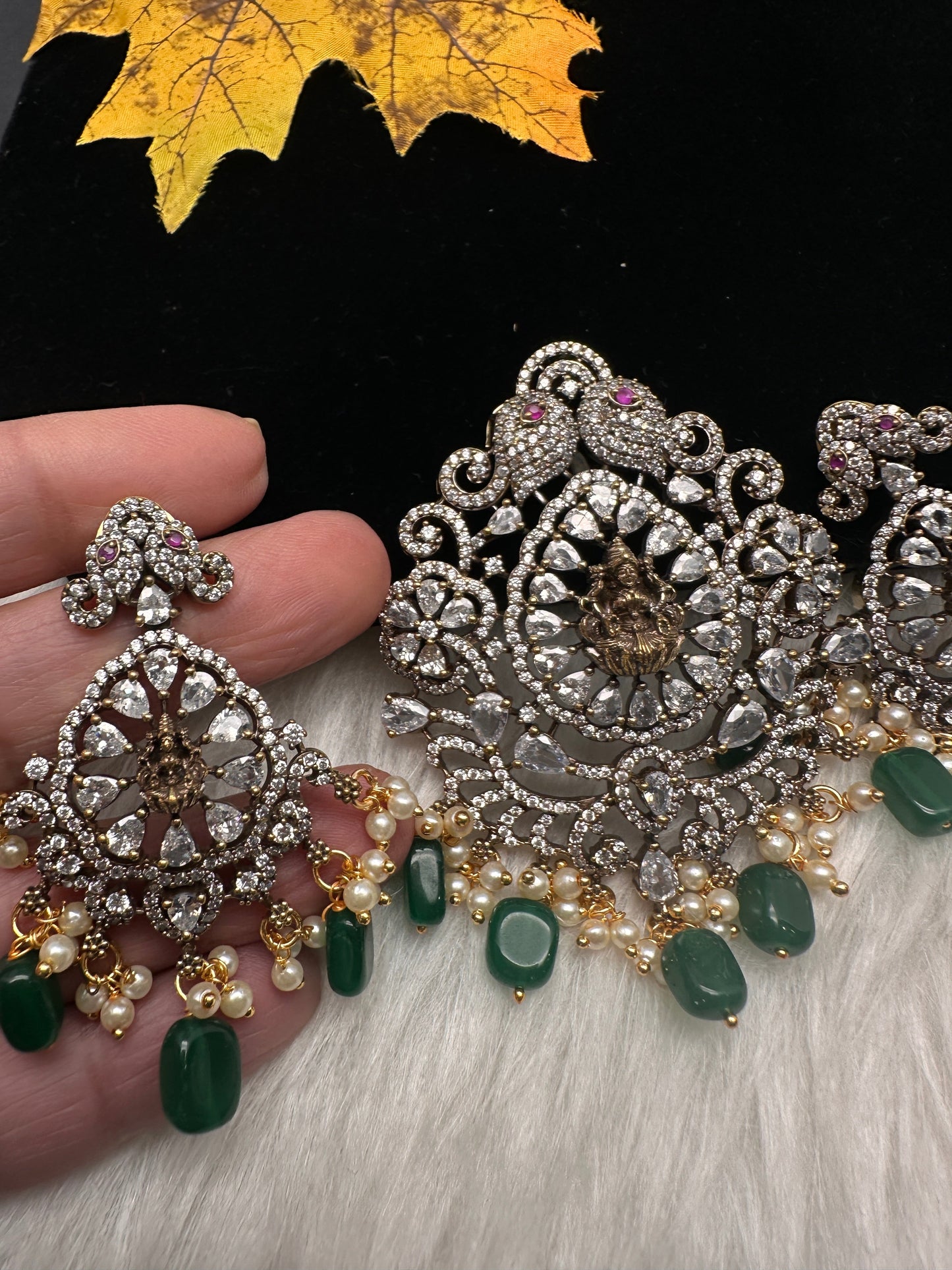 Victorian  Goddess Lakhsmi Pearls Color Stone Pendent Set - Green