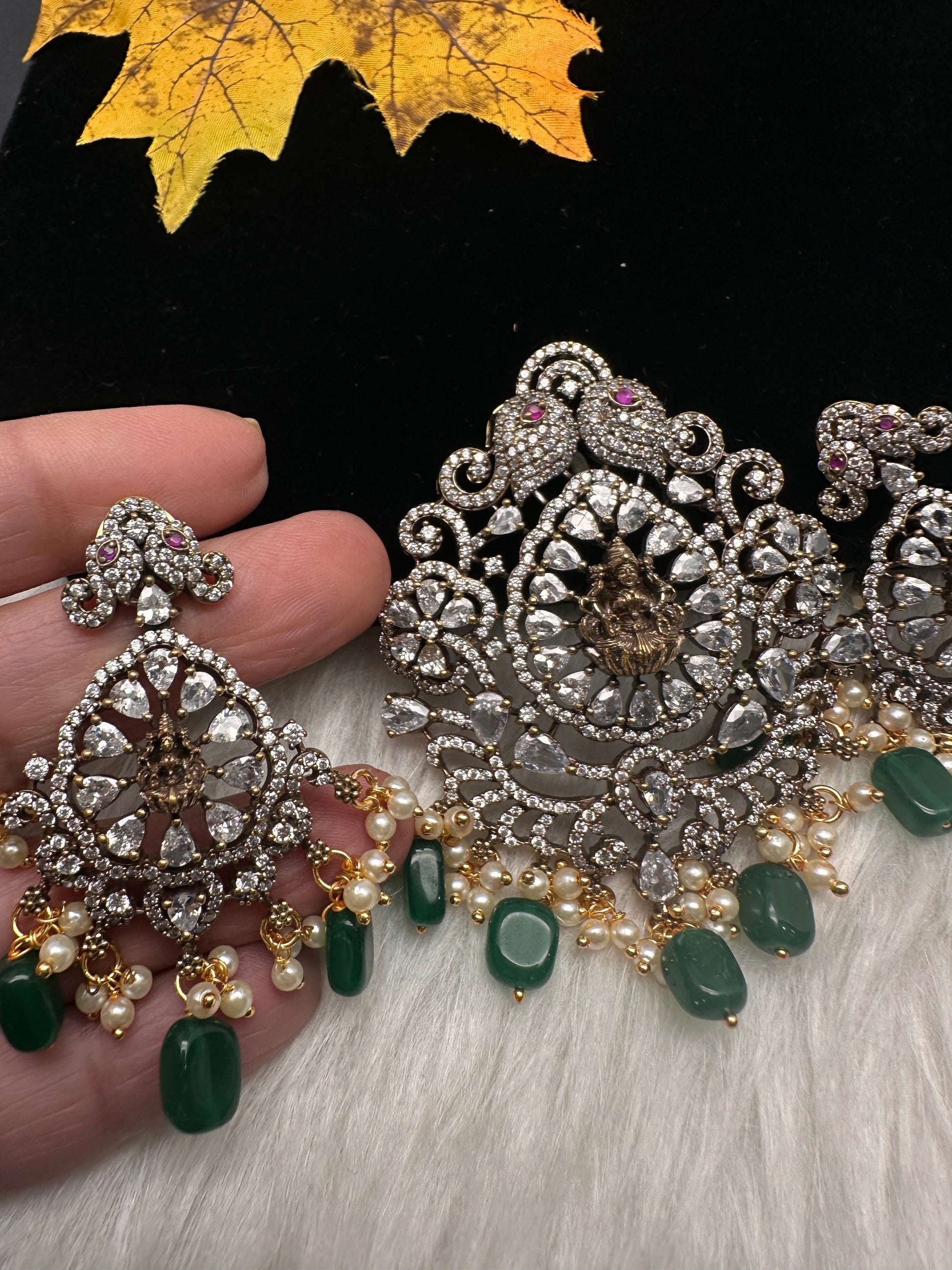 Victorian  Goddess Lakhsmi Pearls Color Stone Pendent Set - Green