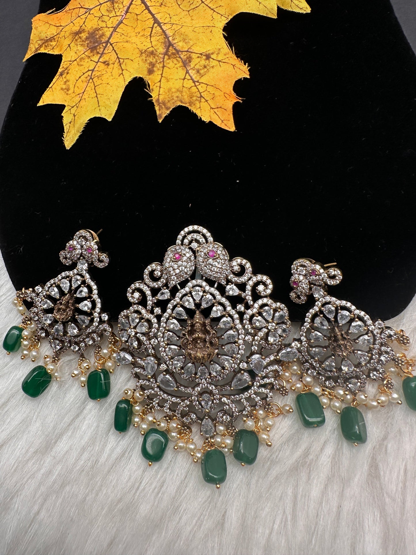 Victorian  Goddess Lakhsmi Pearls Color Stone Pendent Set - Green