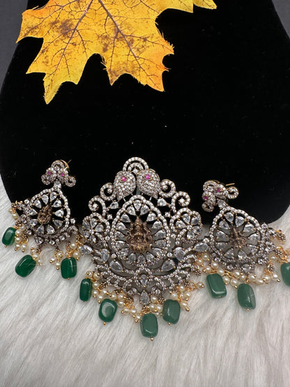 Victorian  Goddess Lakhsmi Pearls Color Stone Pendent Set - Green