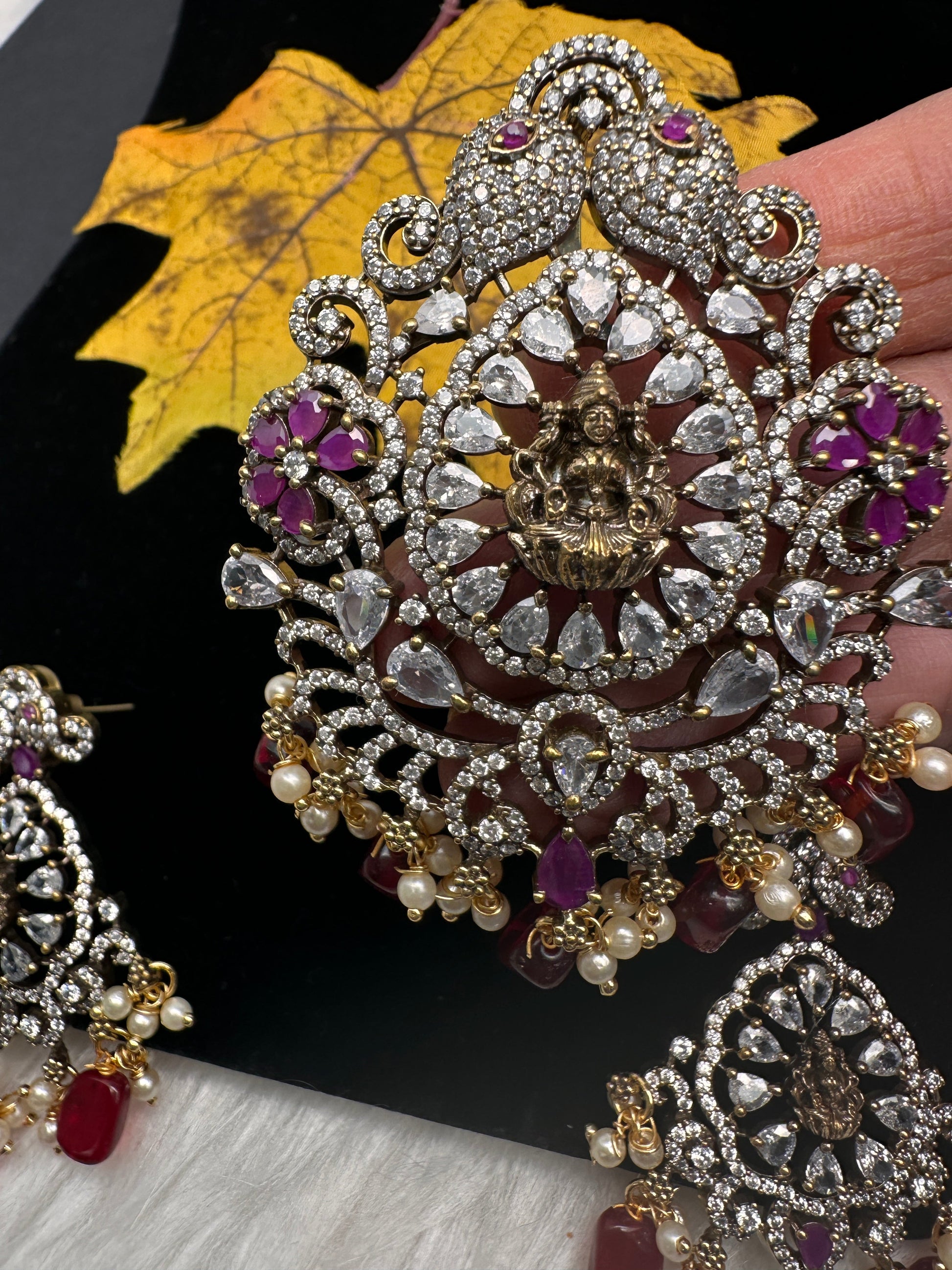 Victorian  Goddess Lakhsmi Pearls Color Stone Pendent Set - Red