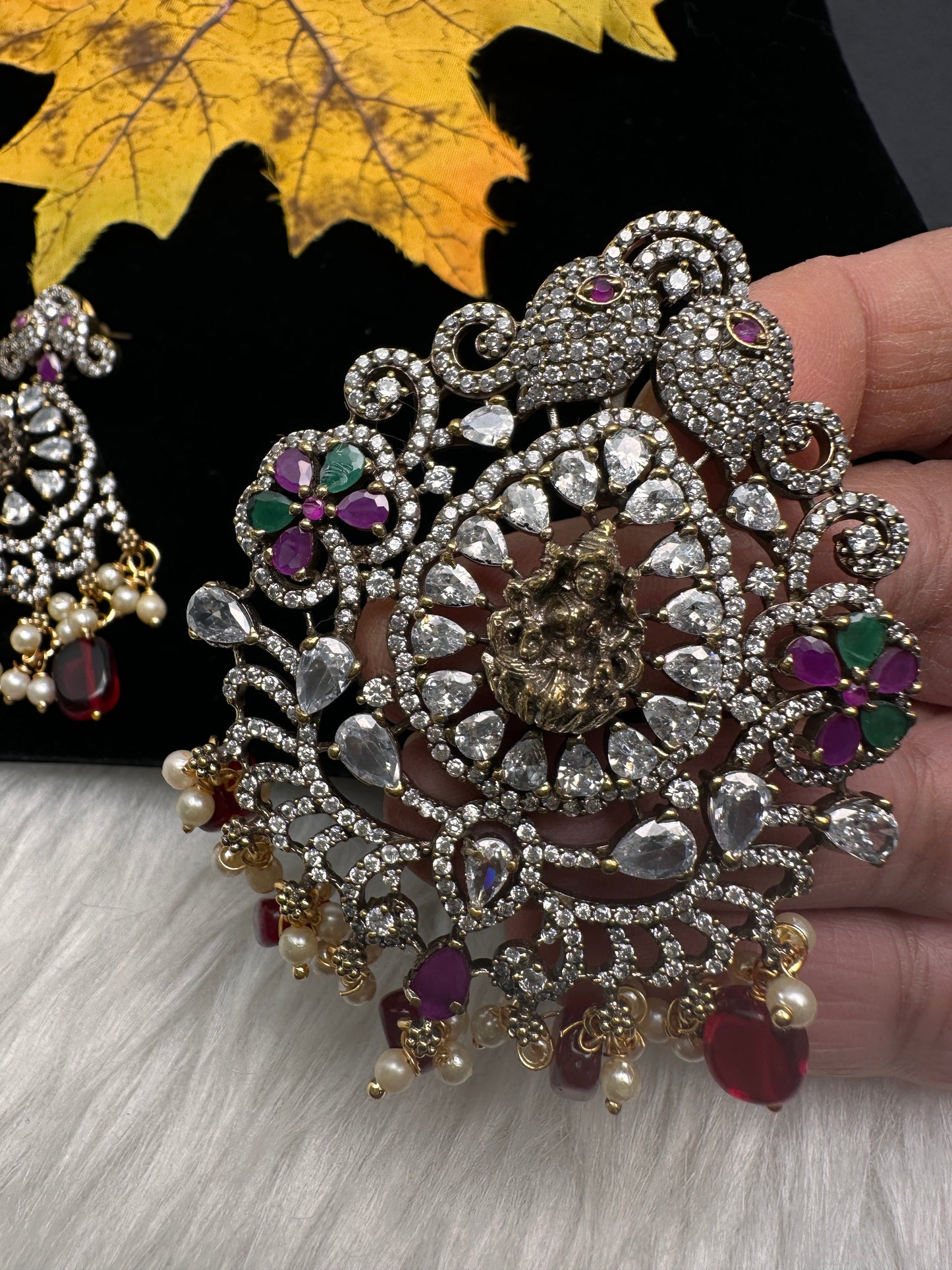 Victorian  Goddess Lakhsmi Pearls Color Stone Pendent Set - Red