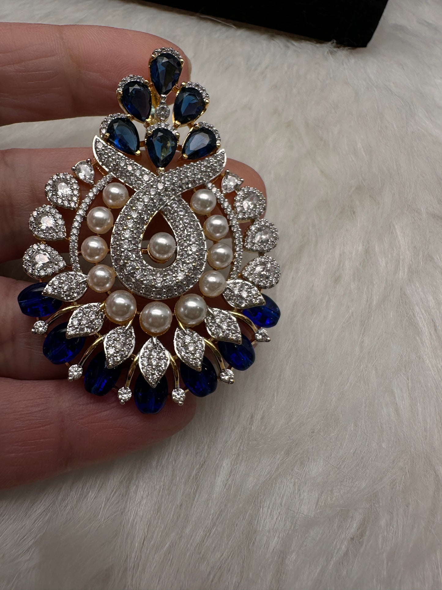 AD Color Stone Pearl Beads Pendent Set - Blue