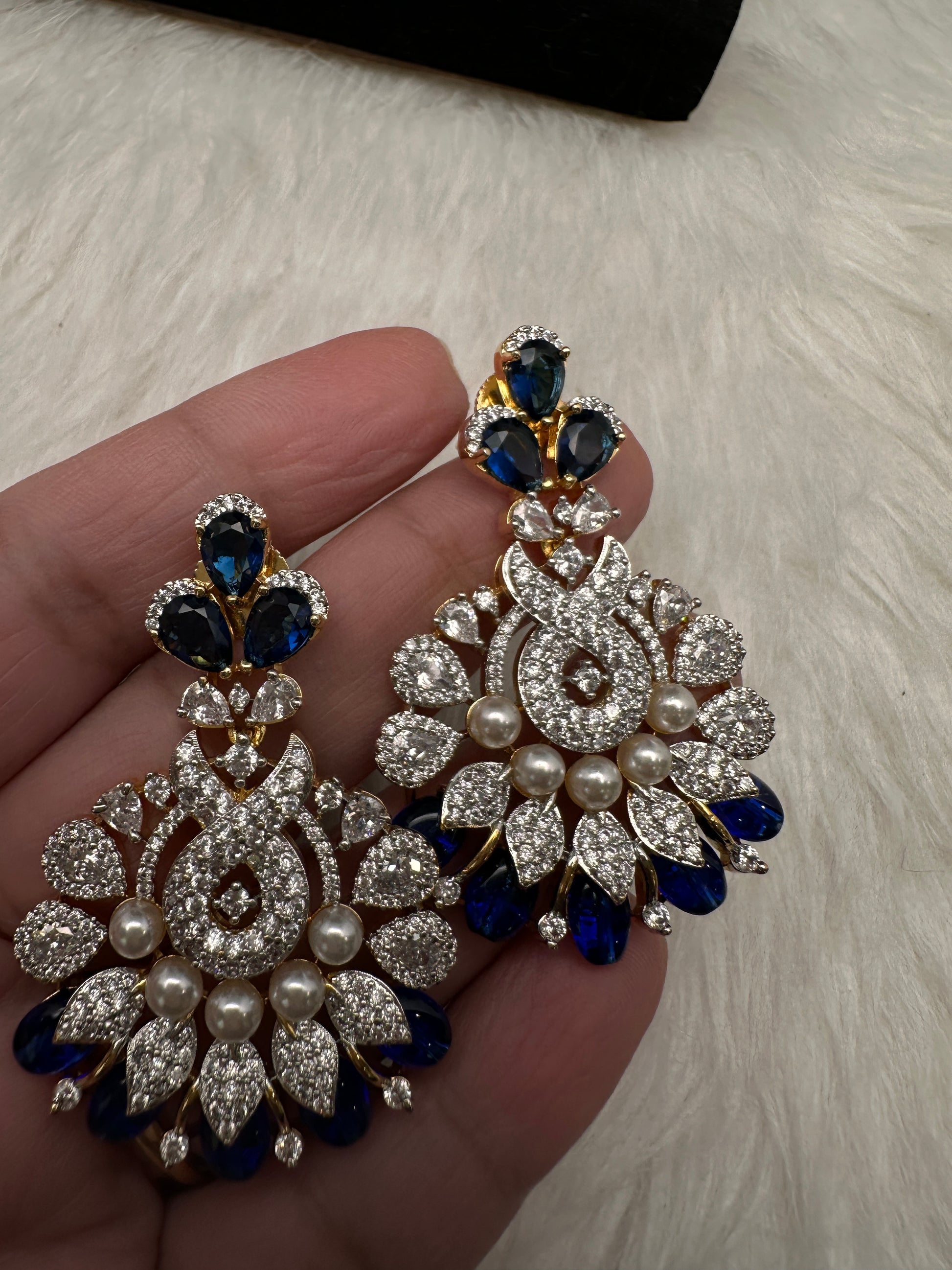 AD Color Stone Pearl Beads Pendent Set - Blue
