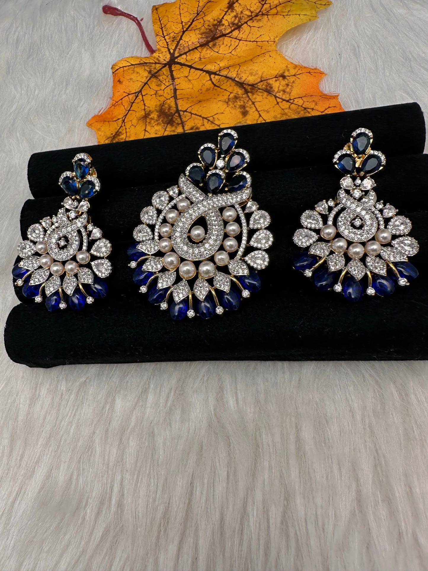 AD Color Stone Pearl Beads Pendent Set - Blue