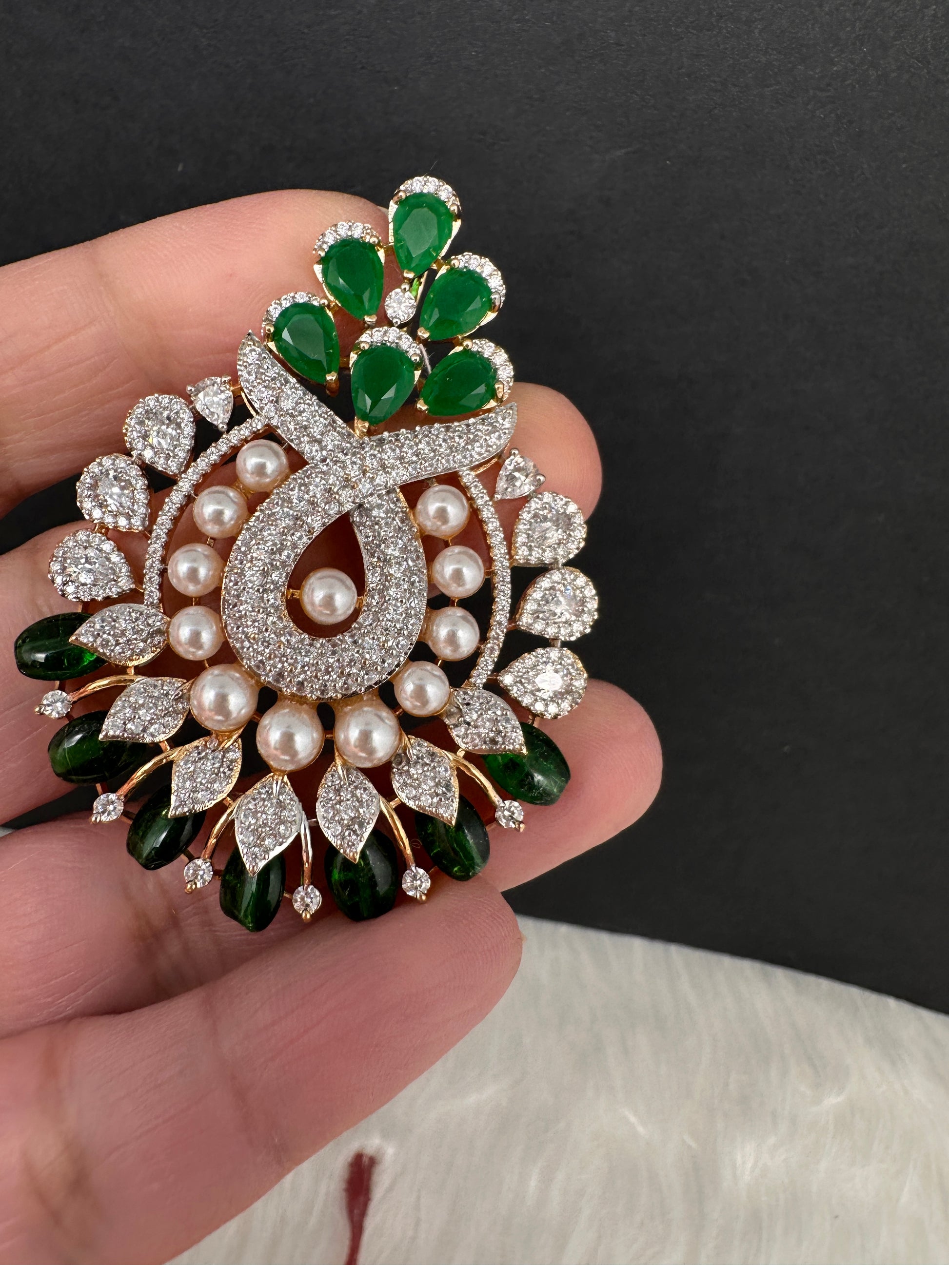 AD Color Stone Pearl Beads Pendent Set - Green